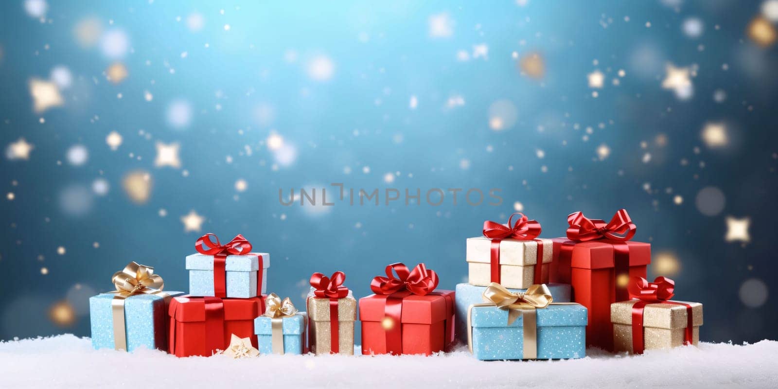 Christmas gift boxes on snow with bokeh background 3D rendering by ThemesS