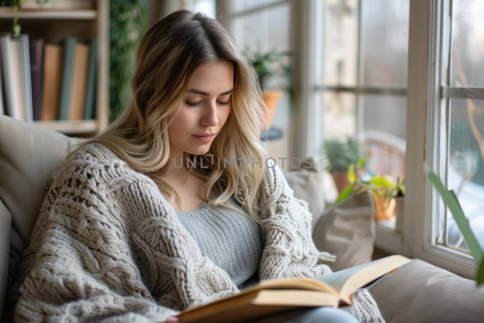 young woman reading a book at home. ai generated