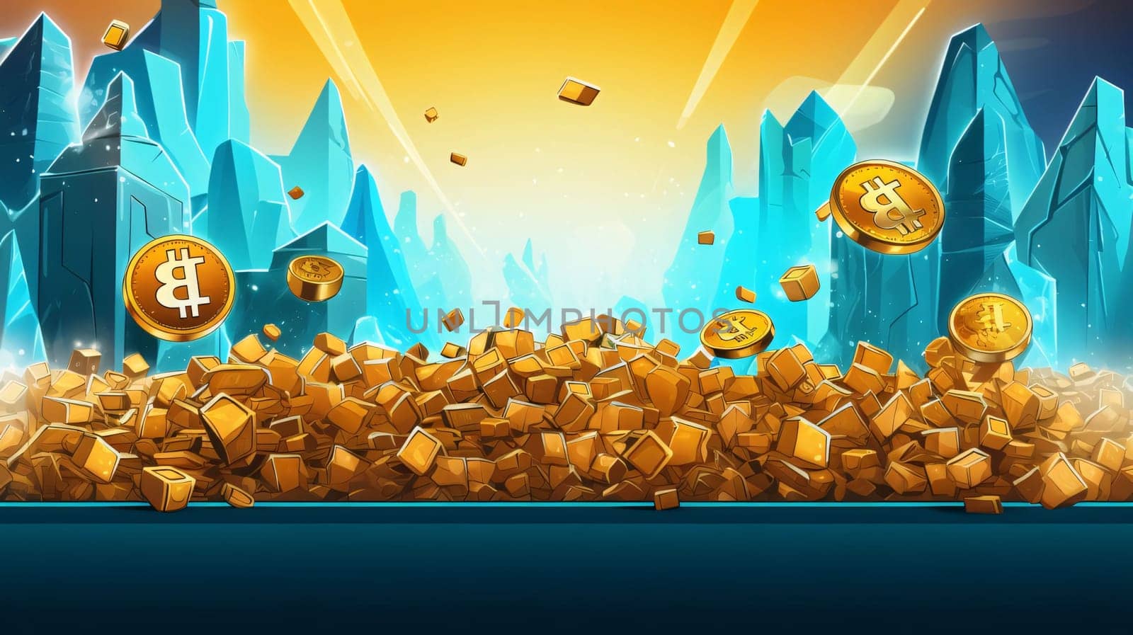 Banner: Bitcoin mining concept. Crypto currency background. 3d vector illustration.