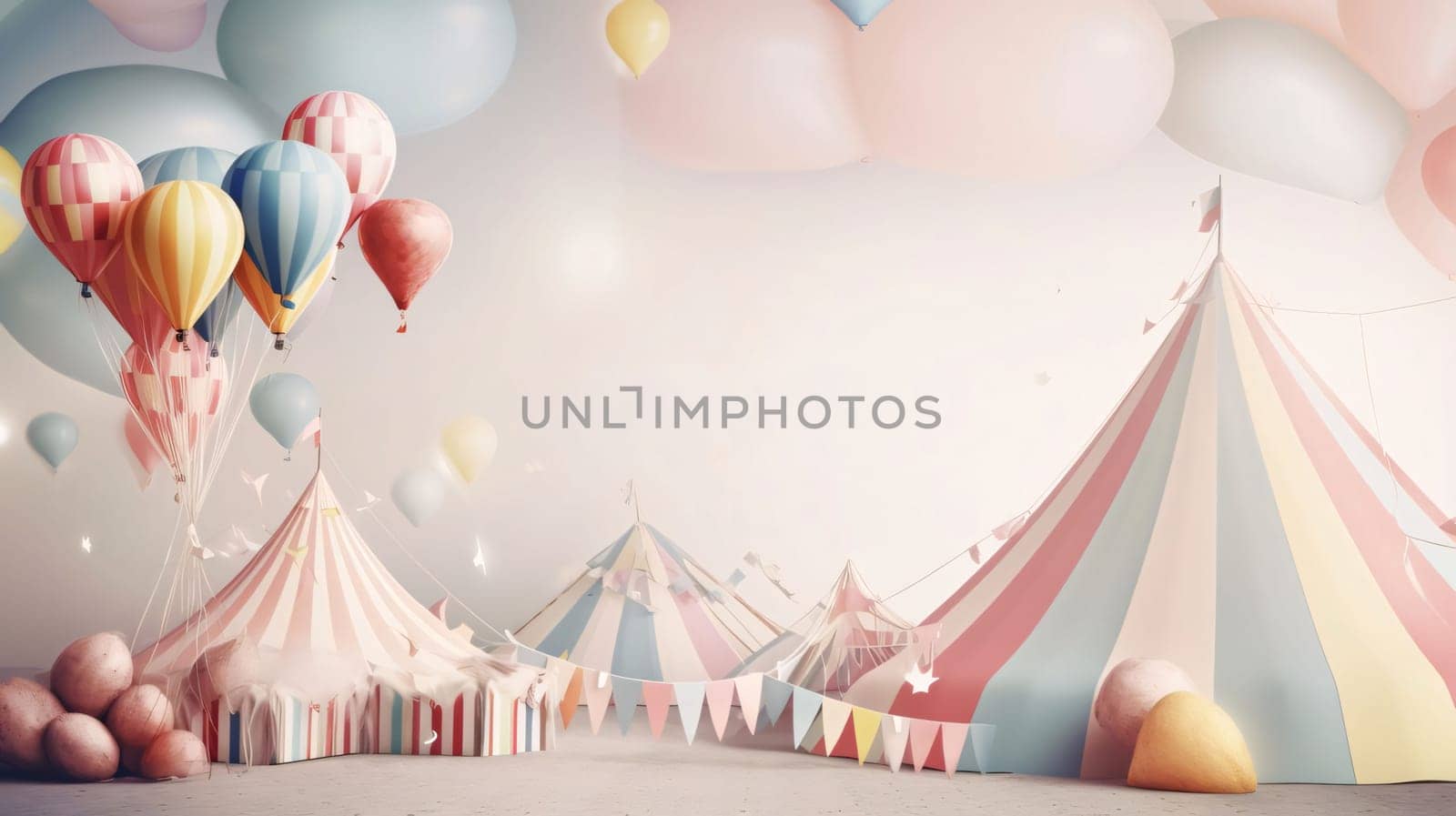 Banner: Carnival background with balloons and confetti. 3d rendering
