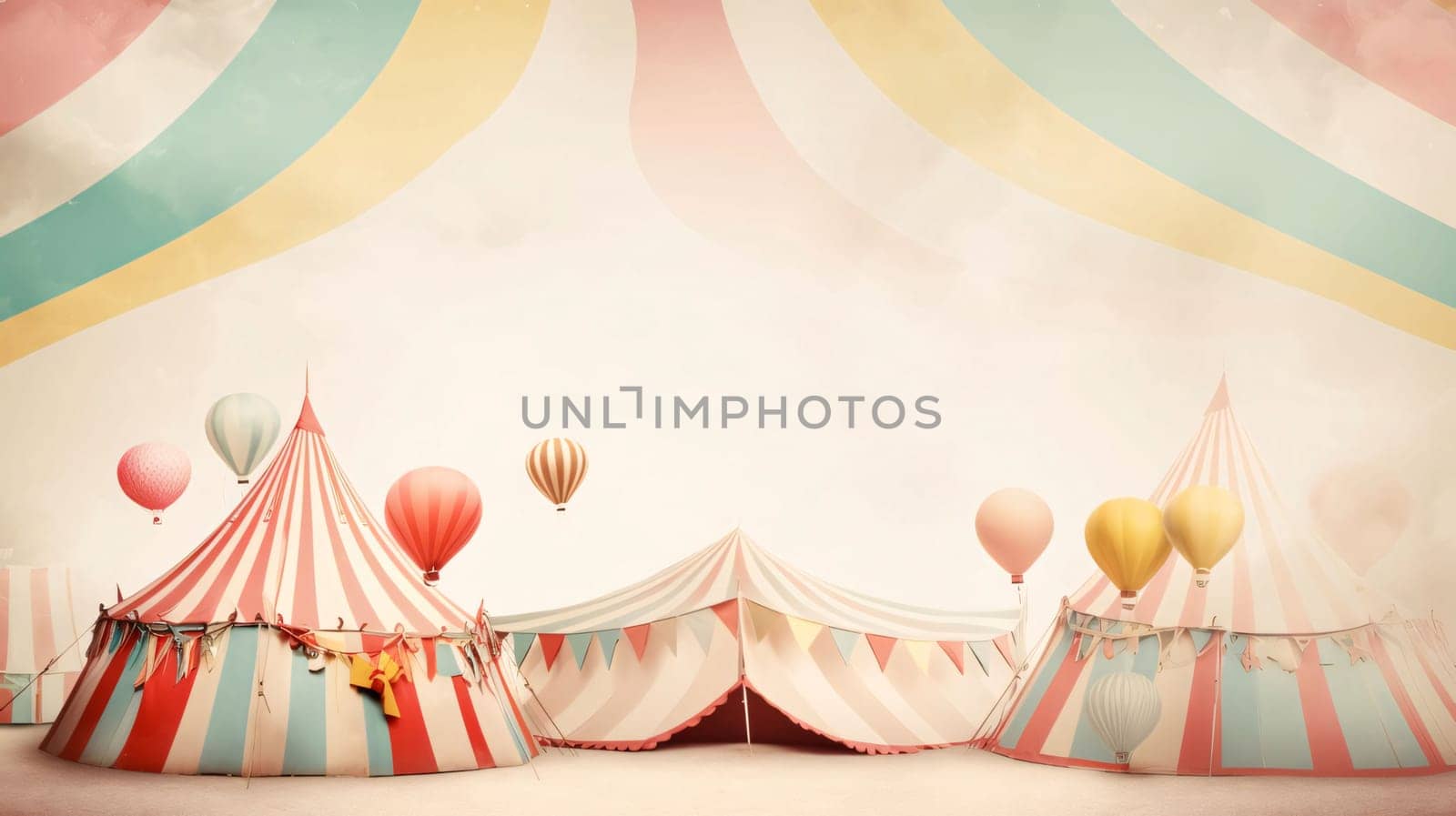 Banner: Circus tent with colorful balloons and ribbons on grunge background