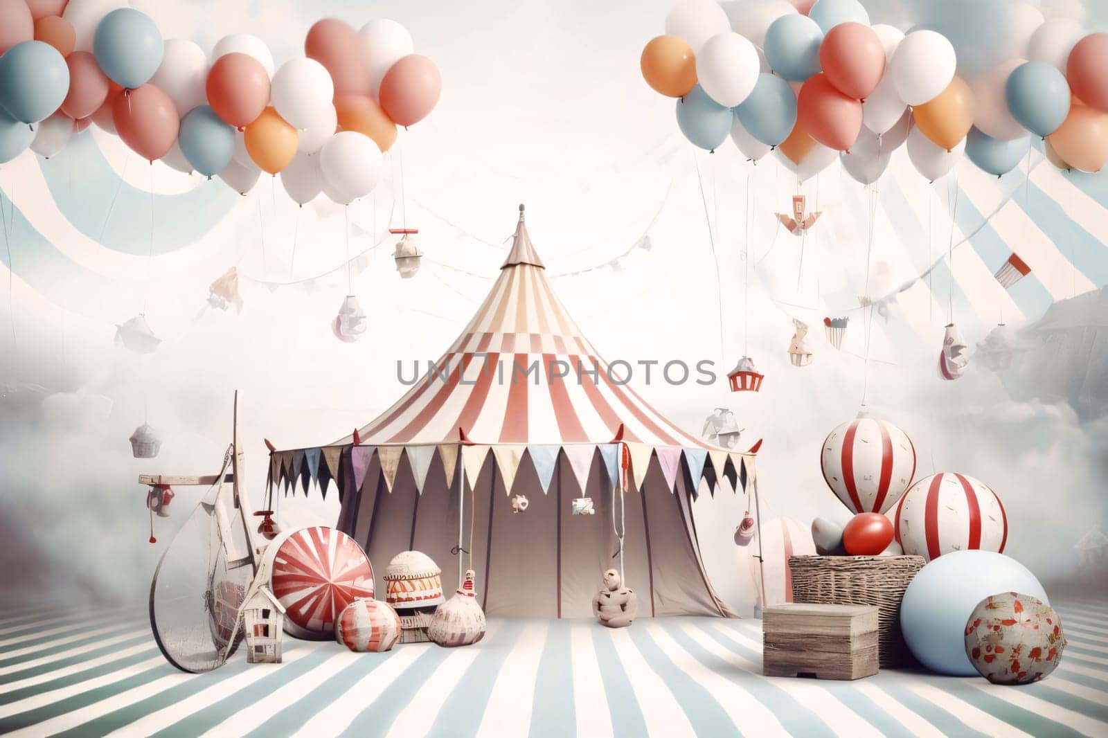 Circus tent with balloons and decorations. 3D rendering. Vintage toned image by ThemesS