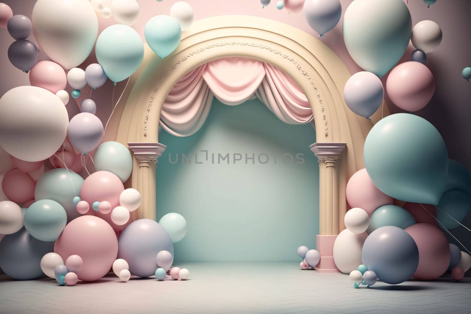 Banner: 3d rendering of a stage with pastel colored balloons and arch