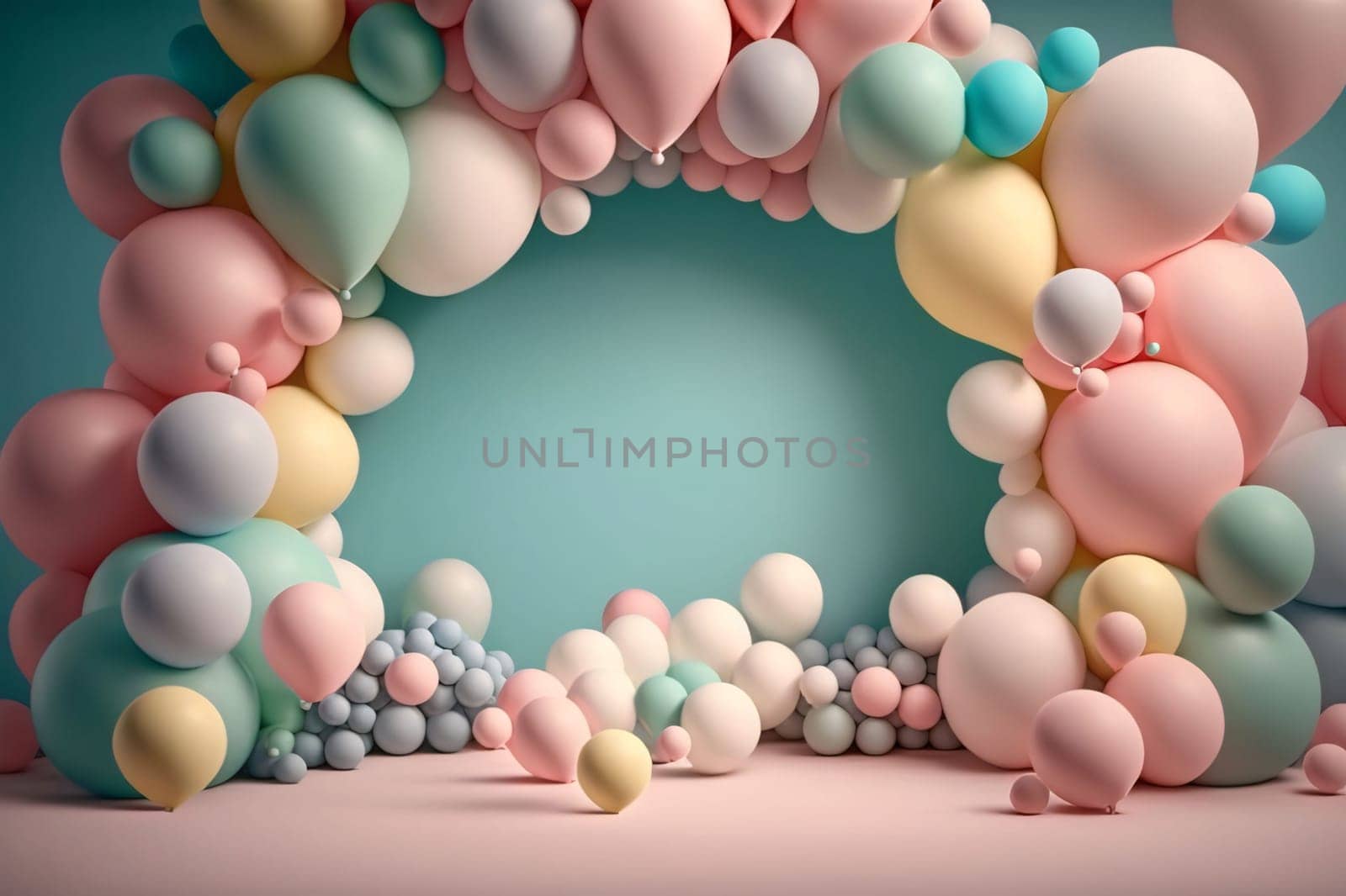 Banner: 3d rendering of pastel pink, blue and white balloons in shape of an arch