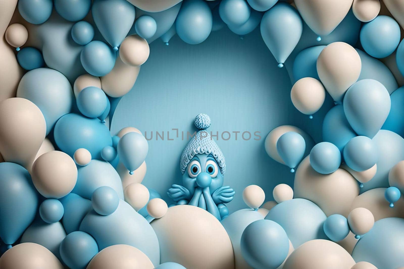 Banner: 3d illustration of blue baby boy in white hat and blue balloons
