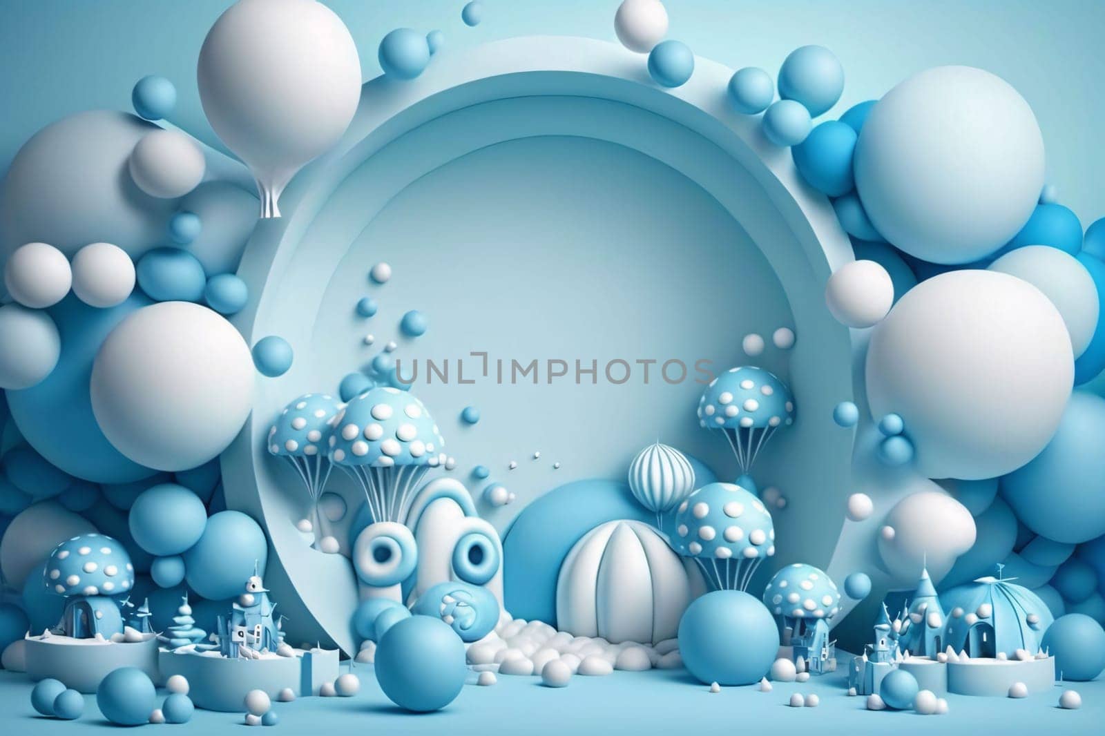 Banner: 3d render of blue abstract background with blue balls and round frame