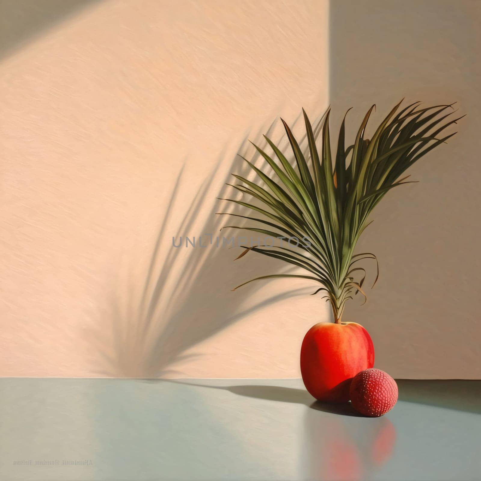 Red pomegranate and palm leaf on the table with shadow on the wall by ThemesS