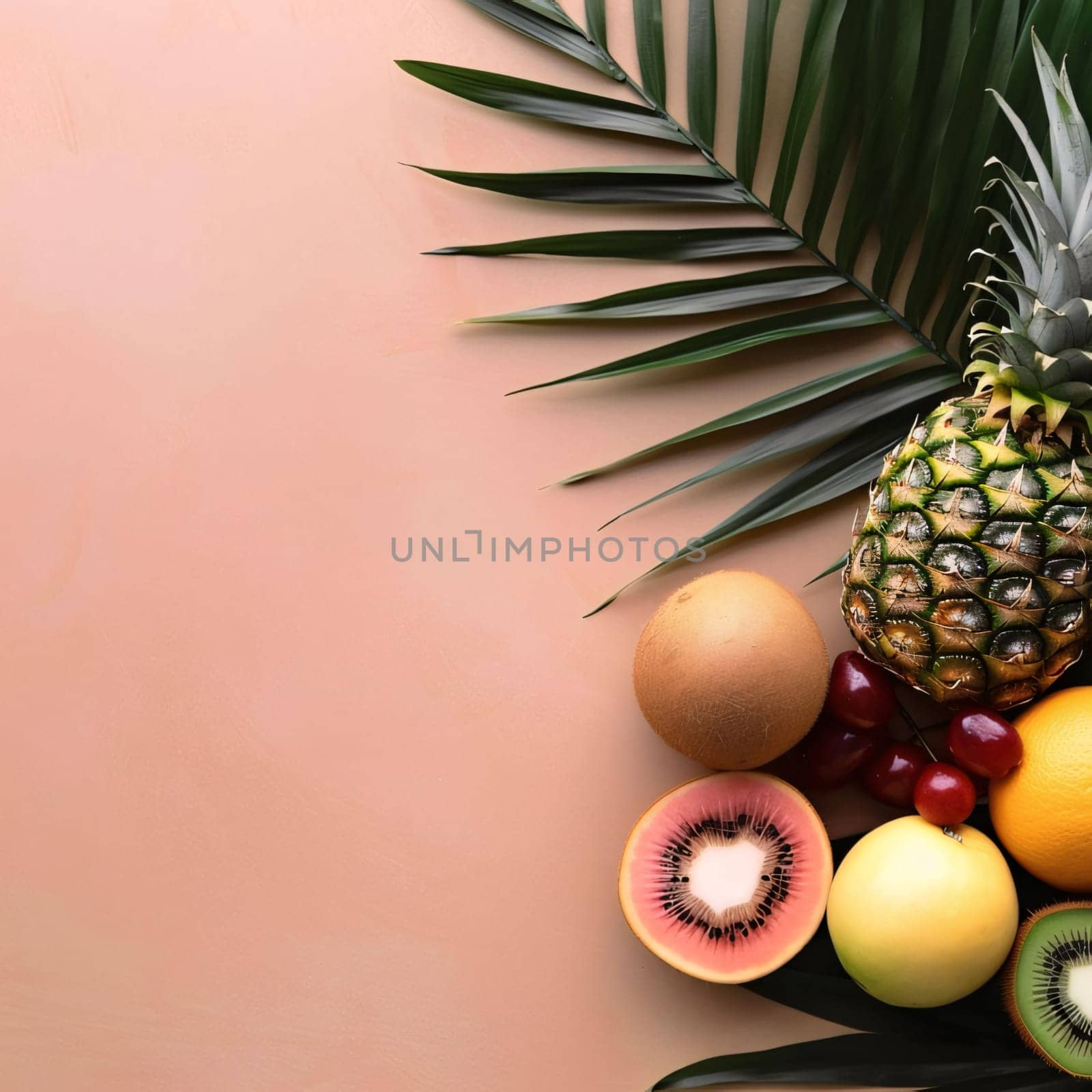 Tropical fruits and palm leaf on color background, flat lay by ThemesS