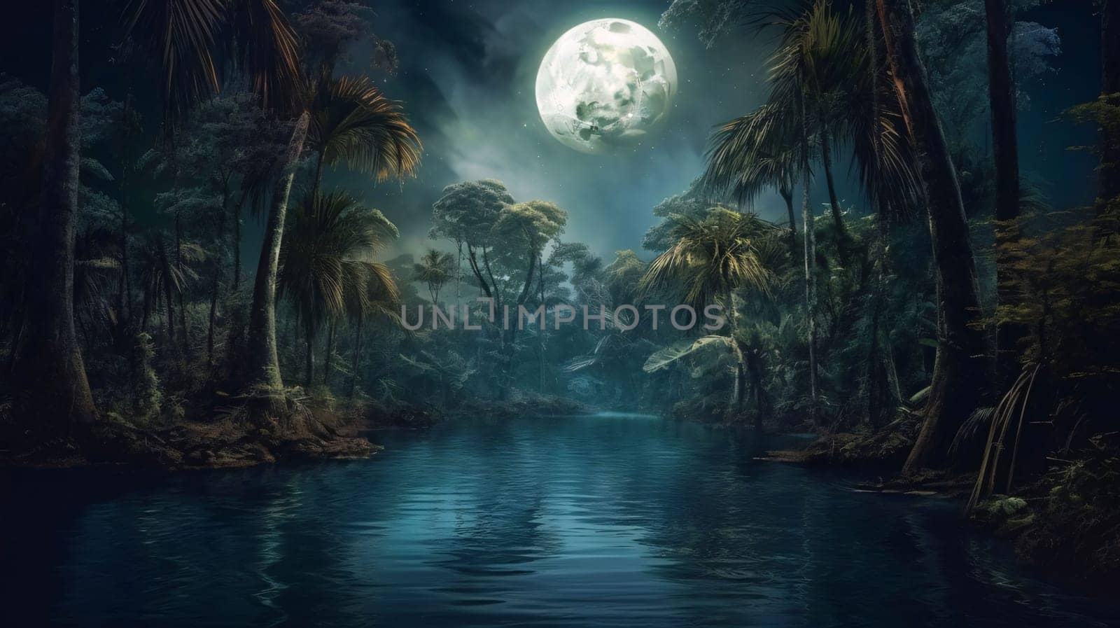 Banner: Fantasy landscape with a full moon in the jungle. 3d rendering