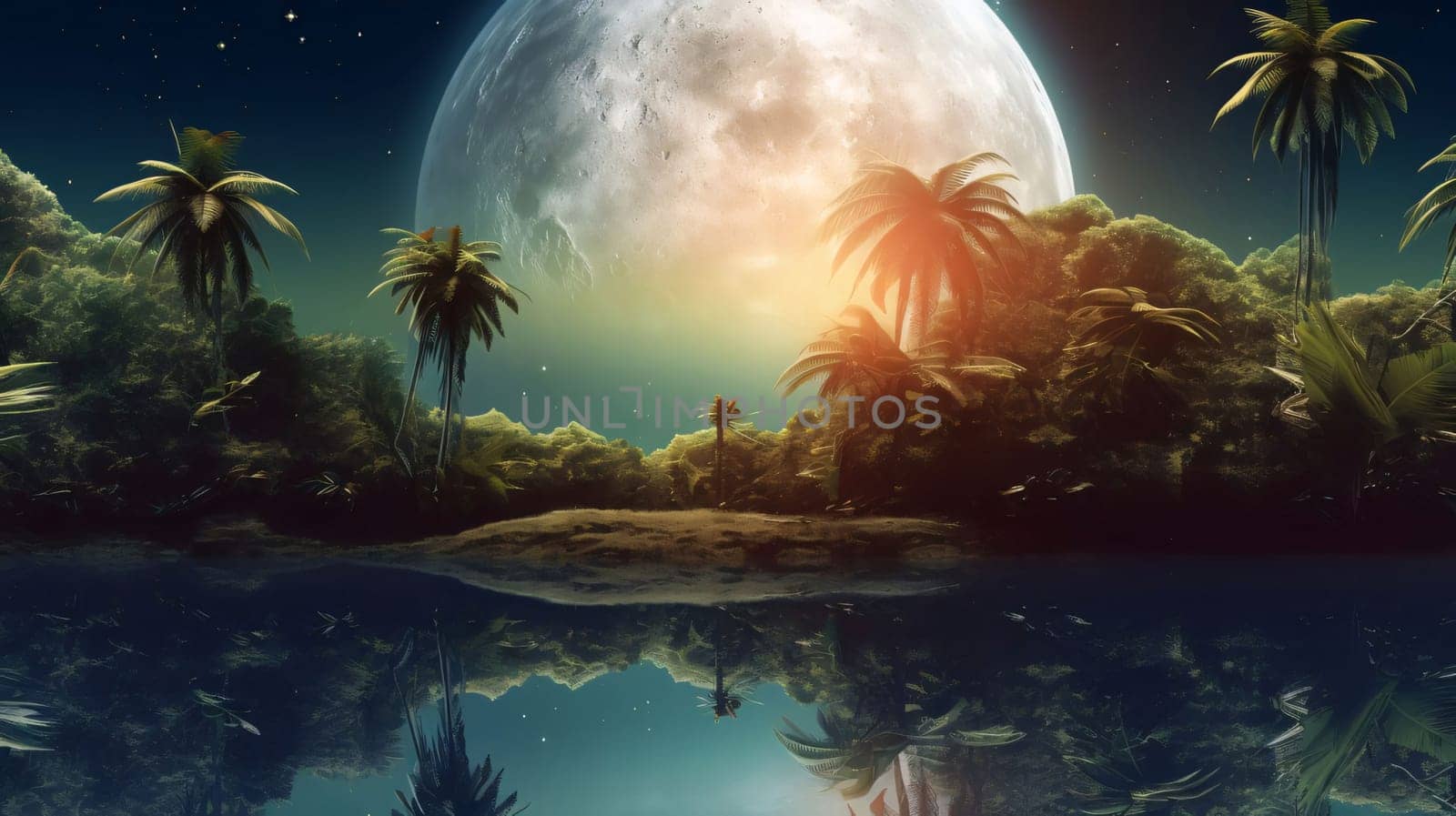 Banner: Beautiful fantasy landscape with palm trees and a full moon. 3d render