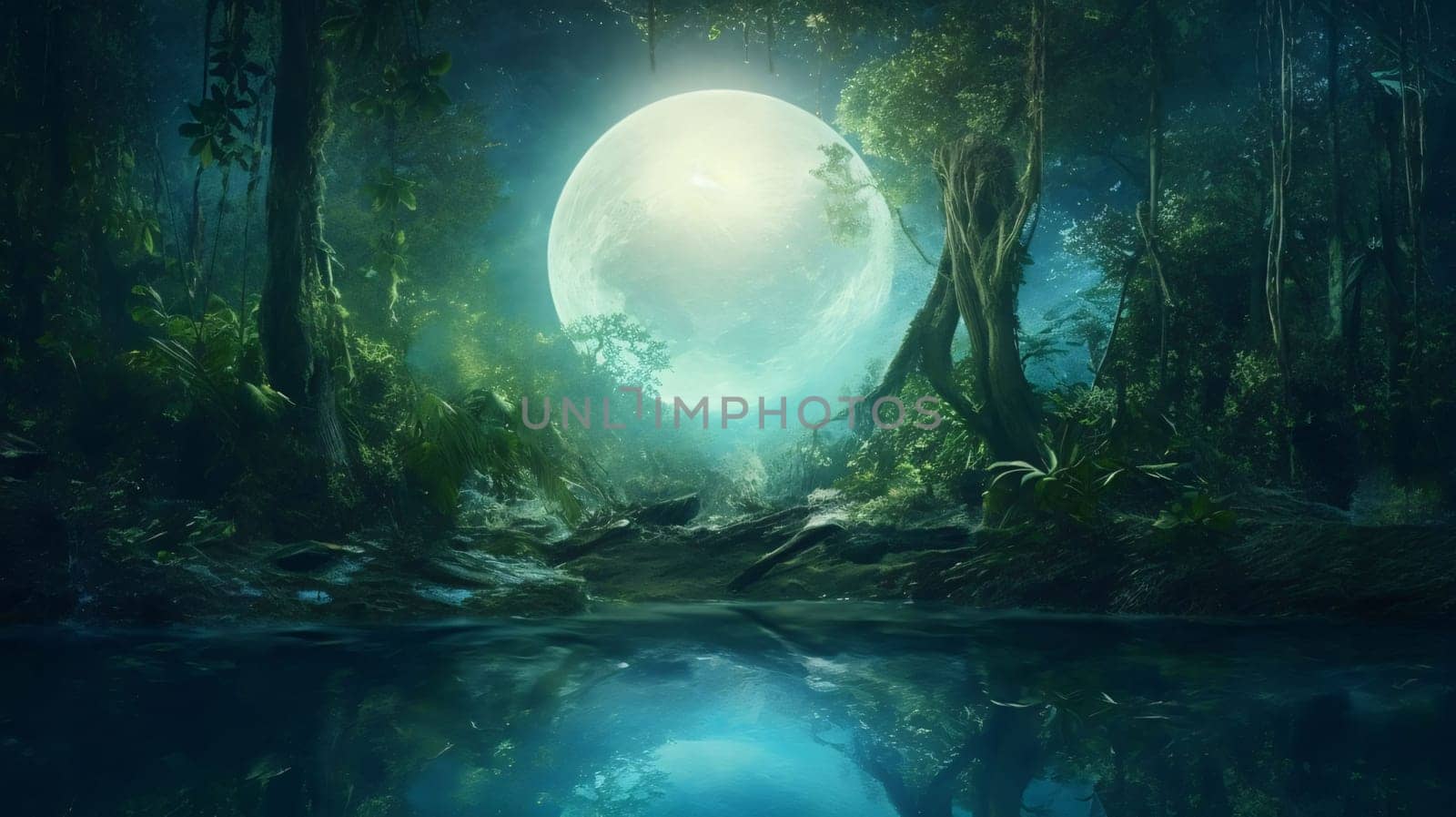 Banner: Fantasy landscape with river and moon in the forest. 3d rendering