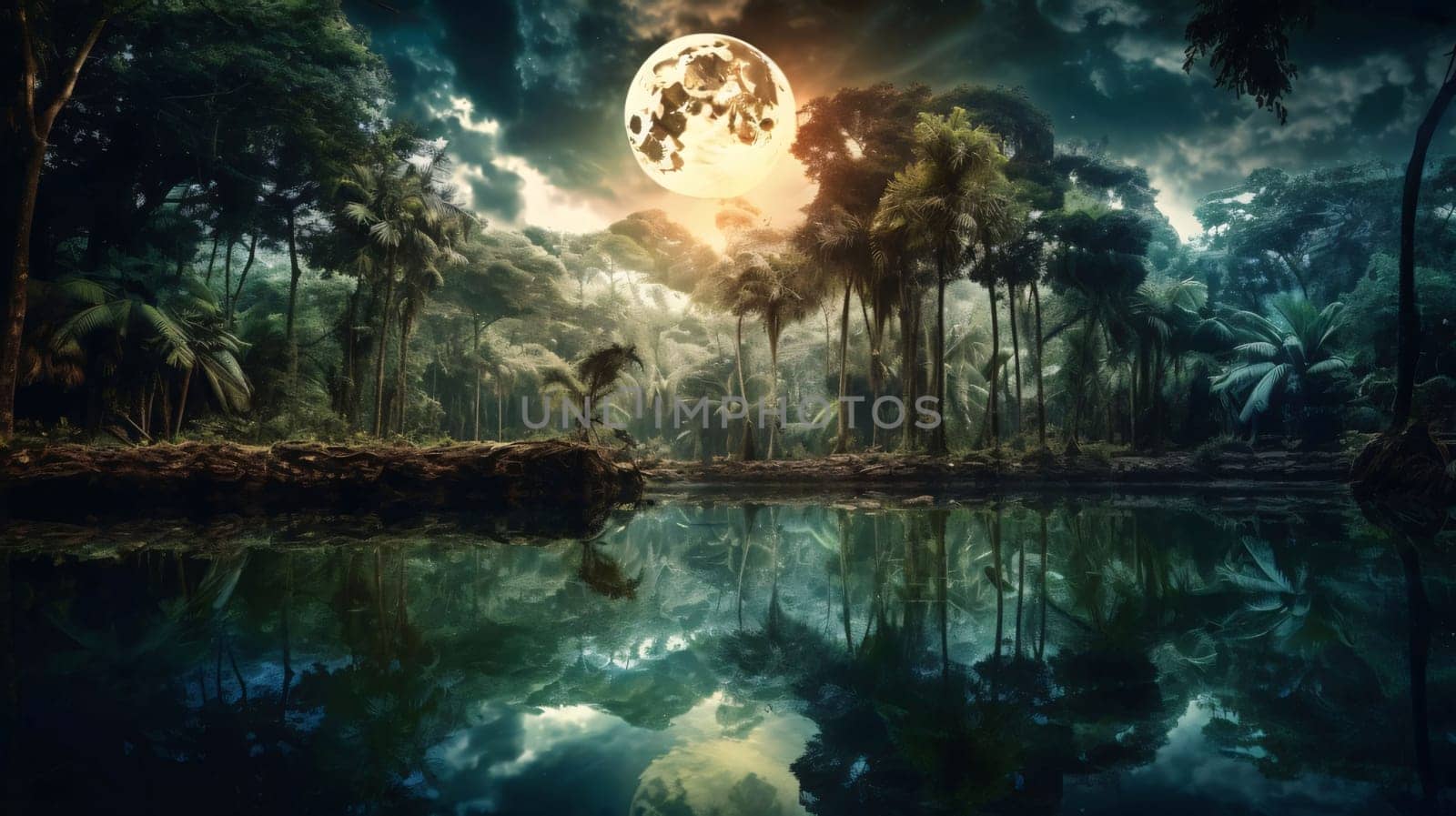 Banner: Full moon over tropical jungle forest. 3D Rendering. Fantasy landscape