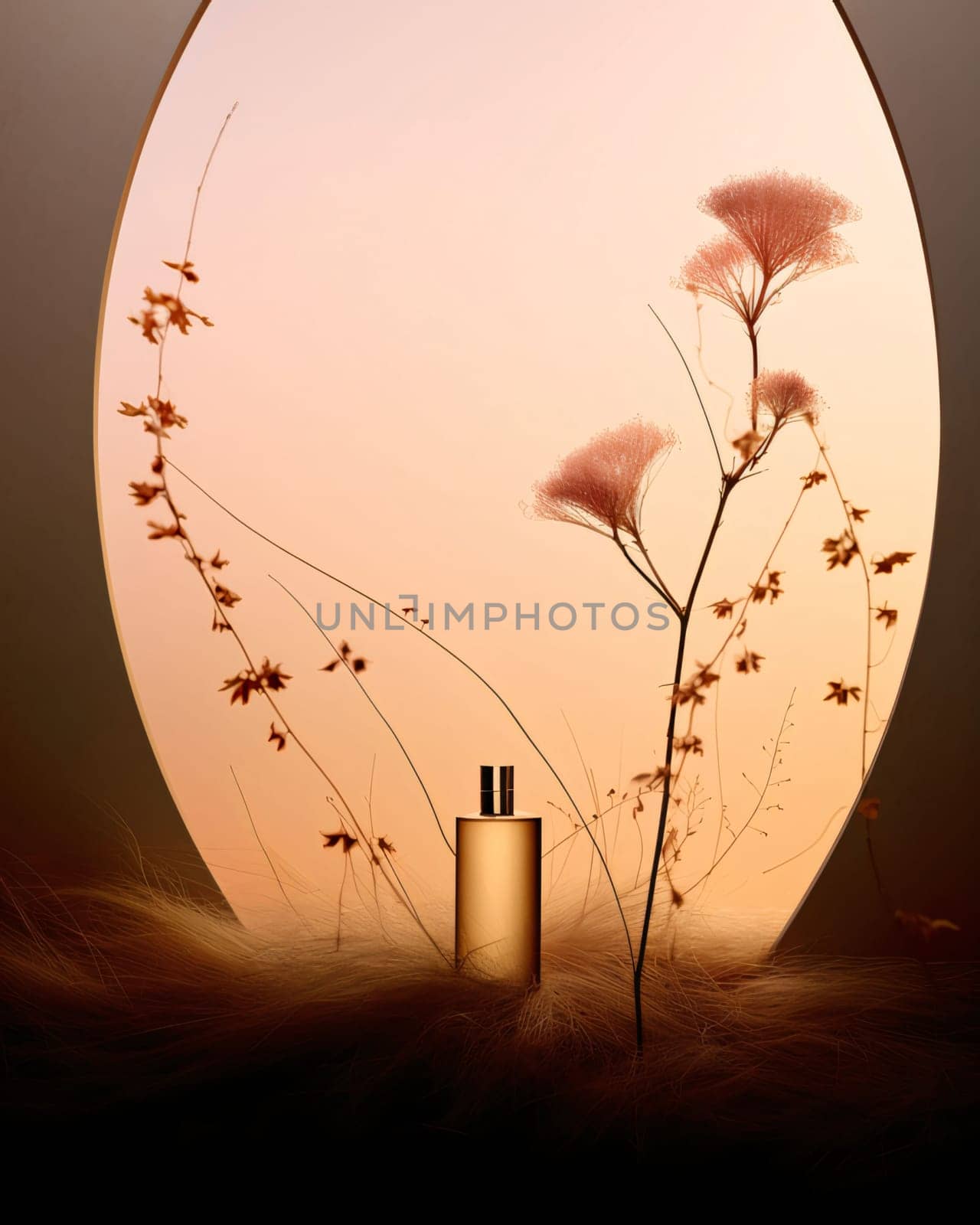 Banner: Cosmetic bottle on a background of a stylized autumn landscape.