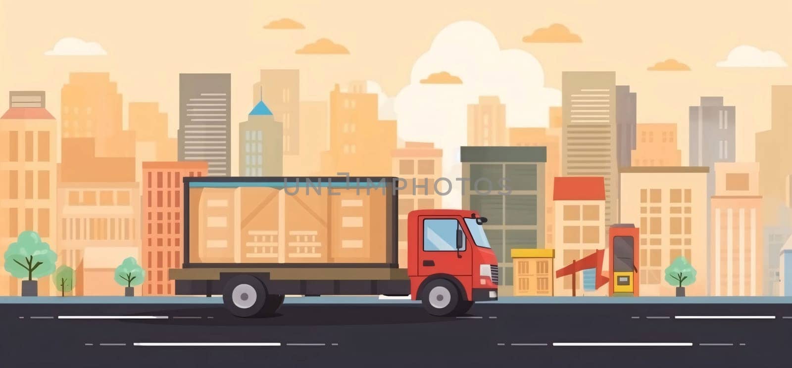 Banner: Truck on the road with cityscape background. Vector illustration.