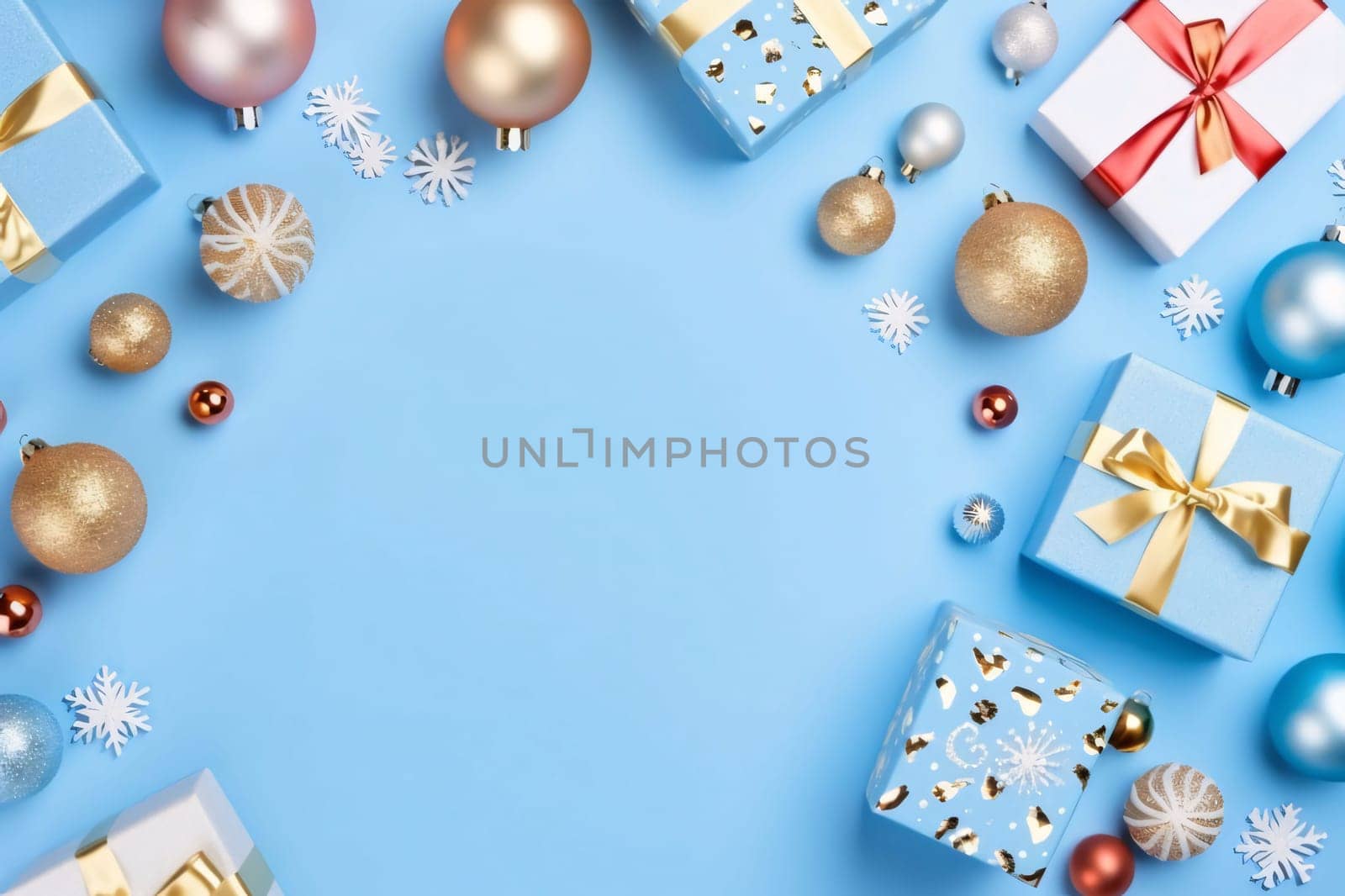 Banner: Christmas or New Year composition. Gifts, balls, snowflakes on blue background. Flat lay, top view, copy space