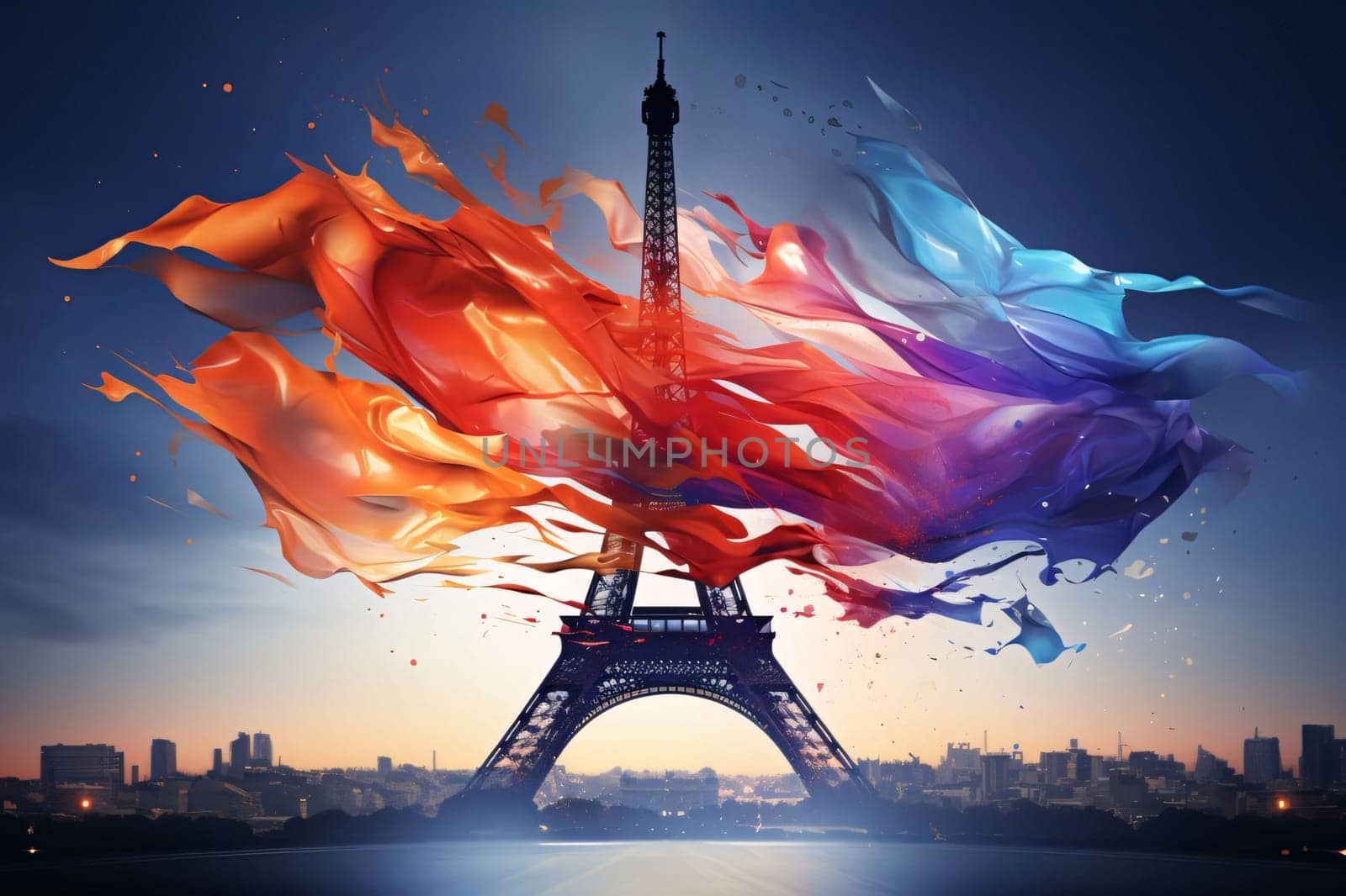 Banner: Flaming Eiffel tower with colorful splashes of water