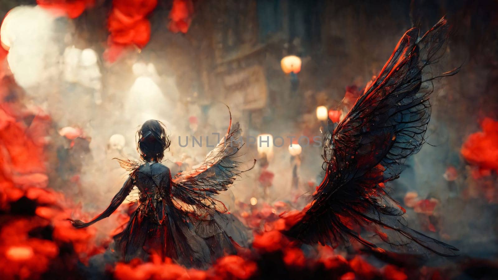 Banner: Fantasy image of an angel with red wings in a dark forest.