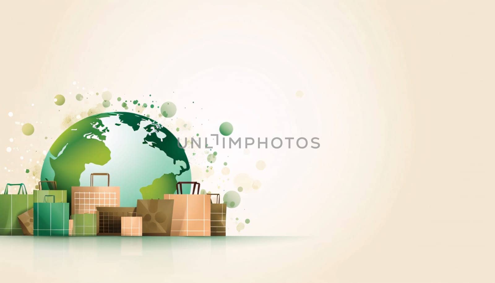 Banner: Eco shopping background with paper bags and globe. Vector illustration.