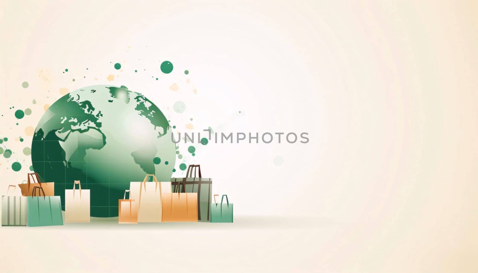 Banner: Eco shopping background with globe and shopping bags. Vector illustration.