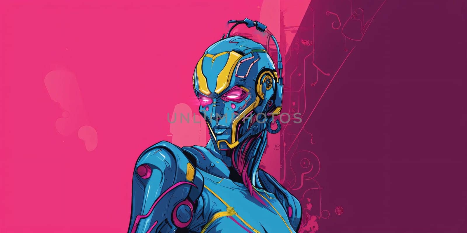 Banner: Illustration of a female cyborg on pink background with copy space