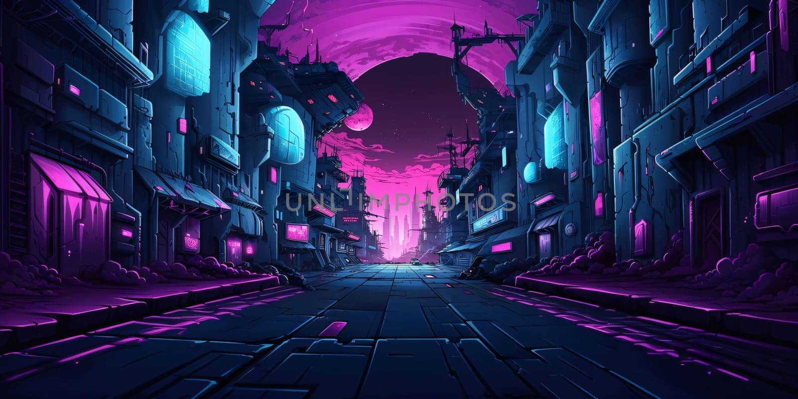 Futuristic city at night with neon lights. 3d rendering by ThemesS