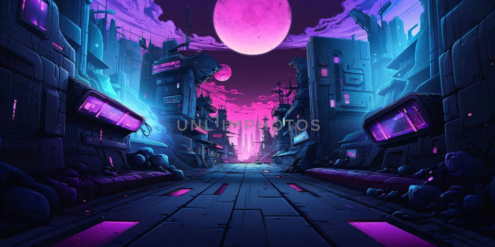 Banner: Futuristic fantasy city with neon lights and full moon. 3d rendering