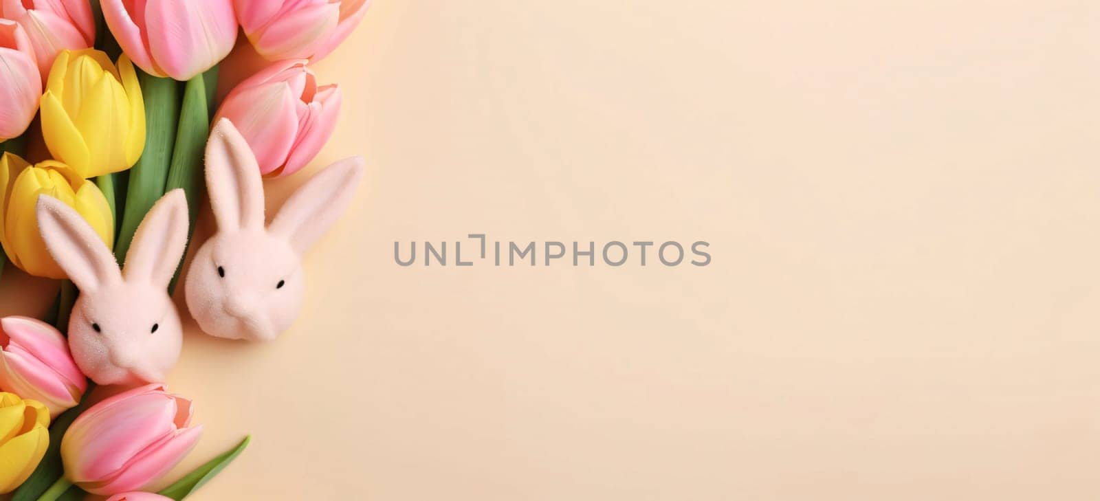 Easter rabbit: Bunny and tulips on pastel beige background with copy space