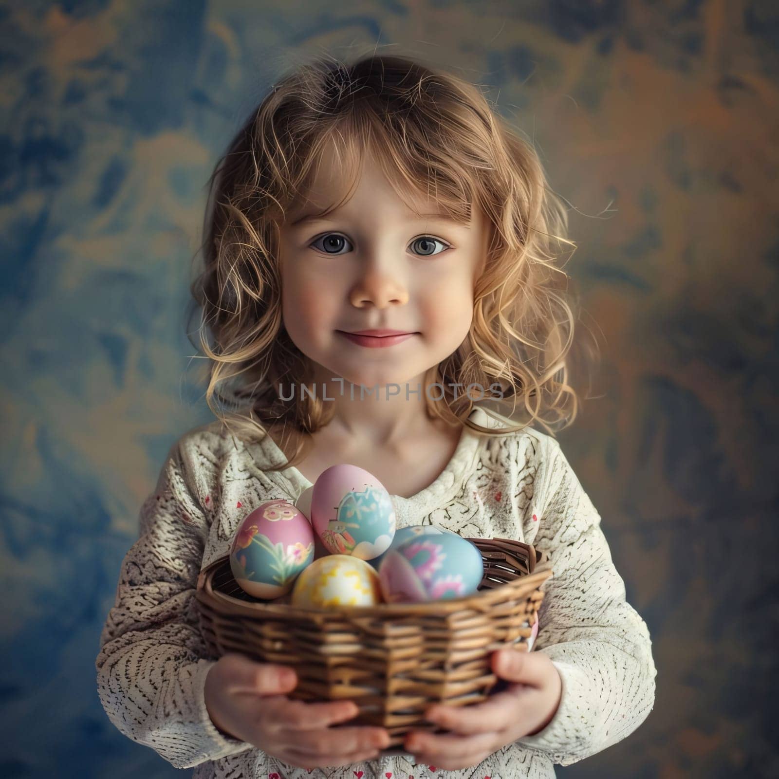 Feasts of the Lord's Resurrection: Cute little girl holding basket with painted easter eggs. Happy easter!