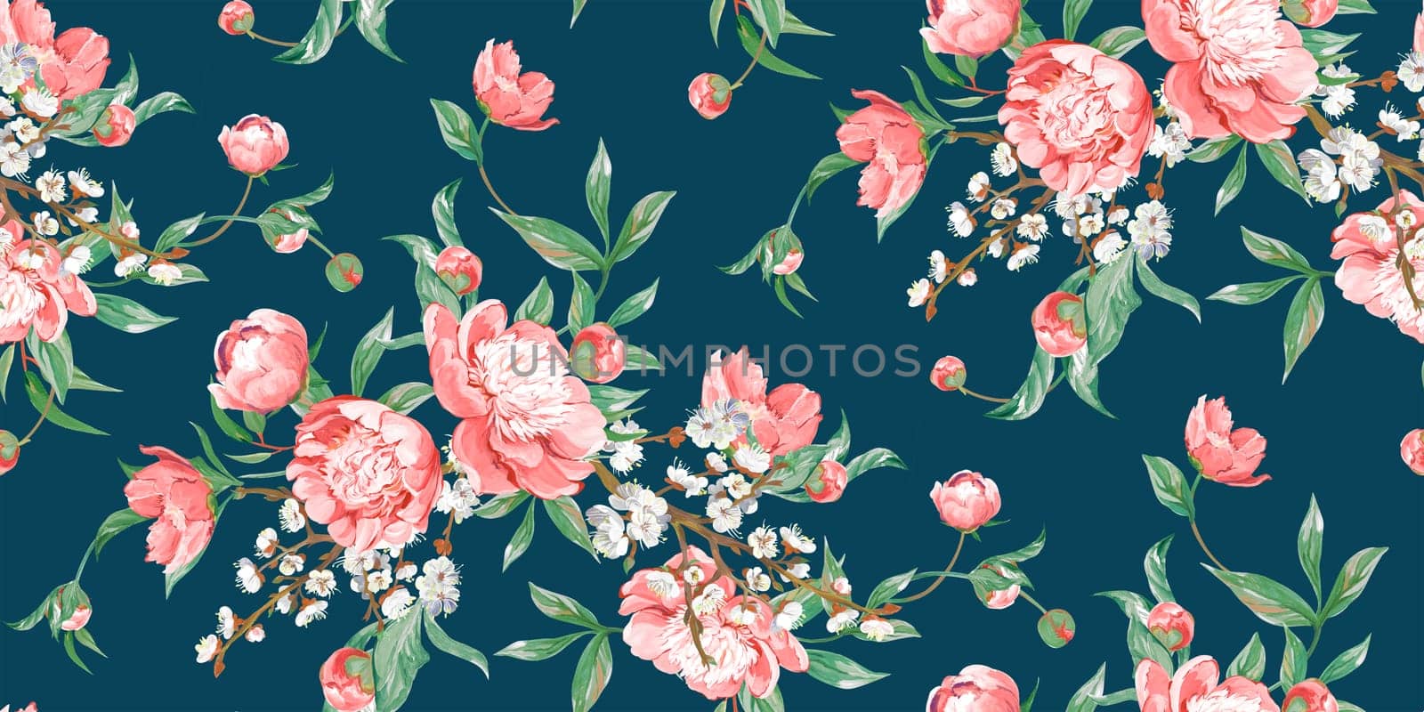 Seamless realistic Asian pattern drawn with pink peonies in a classic oriental style for textile