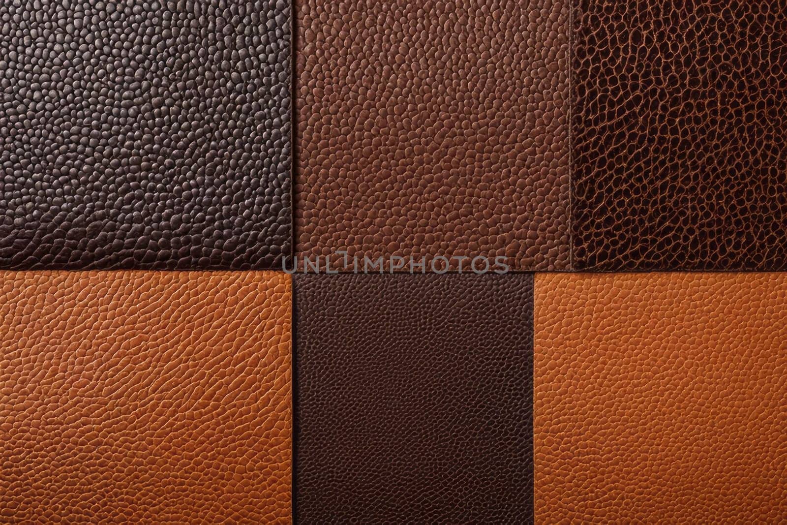 Detailed focus on the rich textures and patterns of brown leather samples