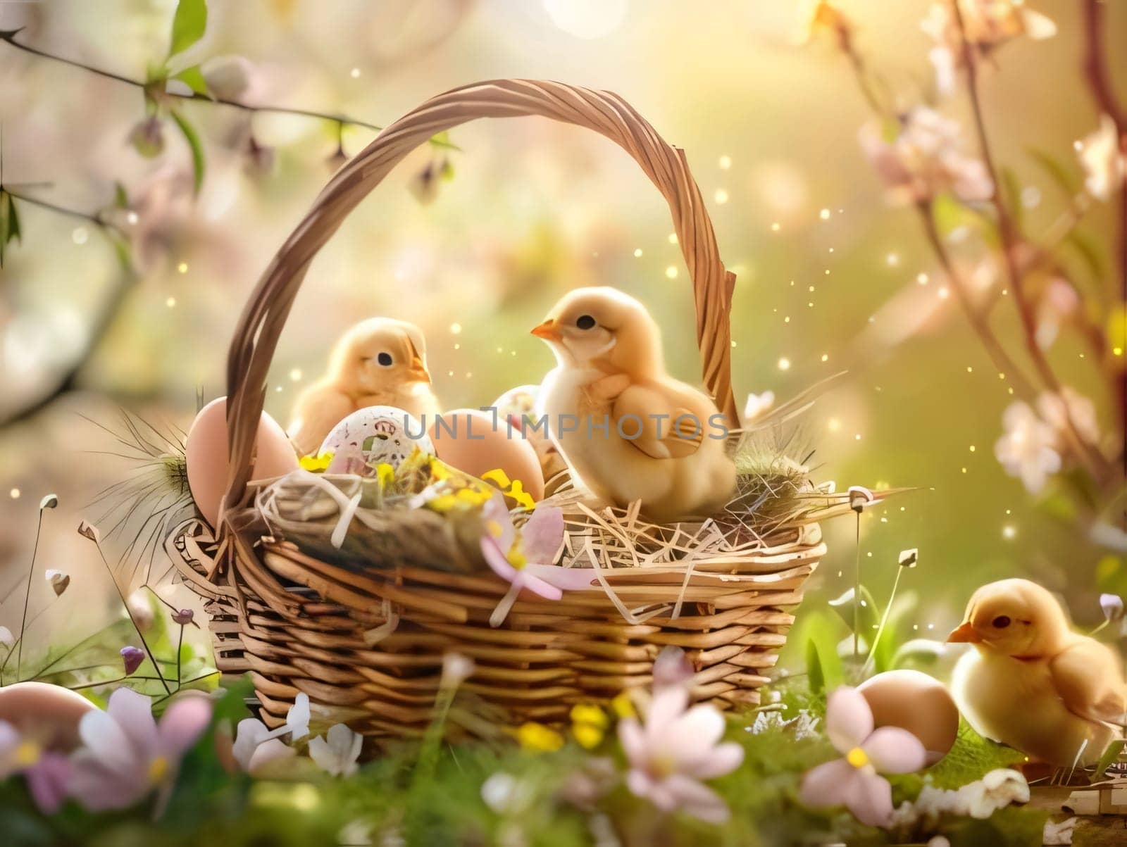 Feasts of the Lord's Resurrection: Easter eggs and chickens in a basket on spring nature background.