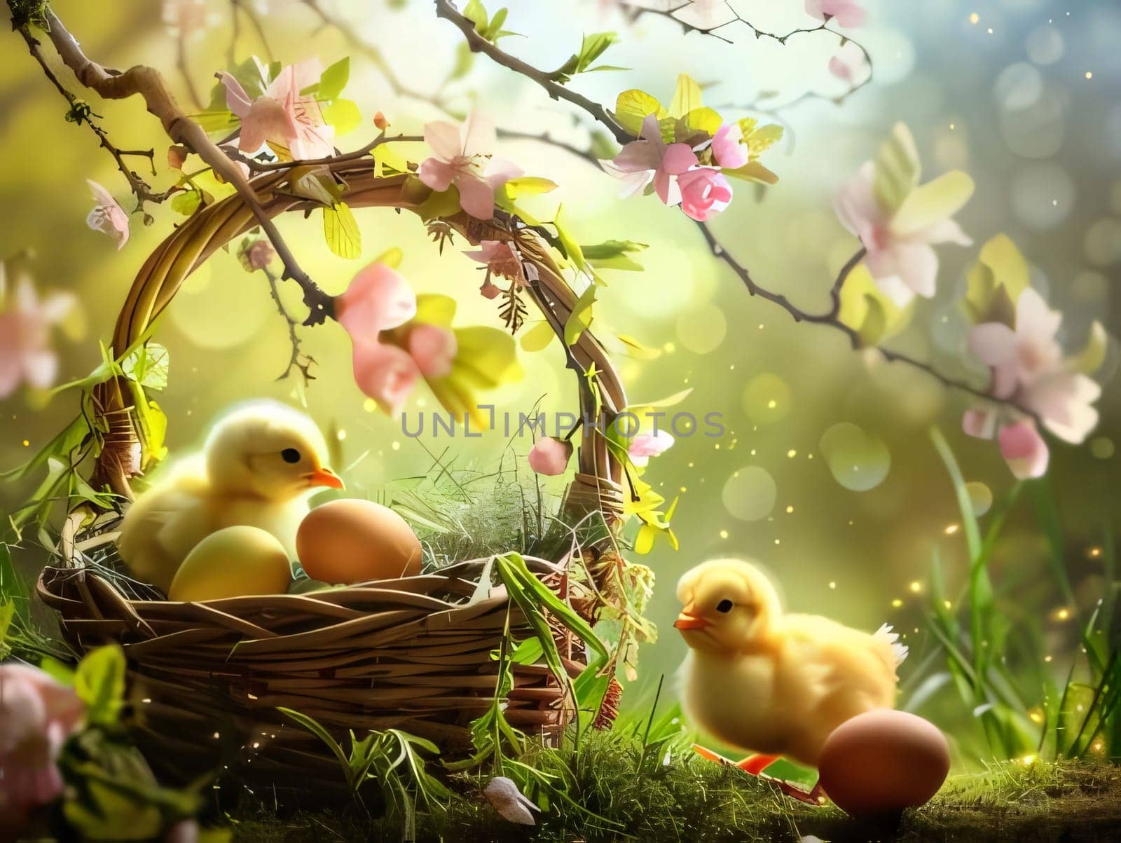 Feasts of the Lord's Resurrection: Basket with easter eggs and yellow chickens on green spring background
