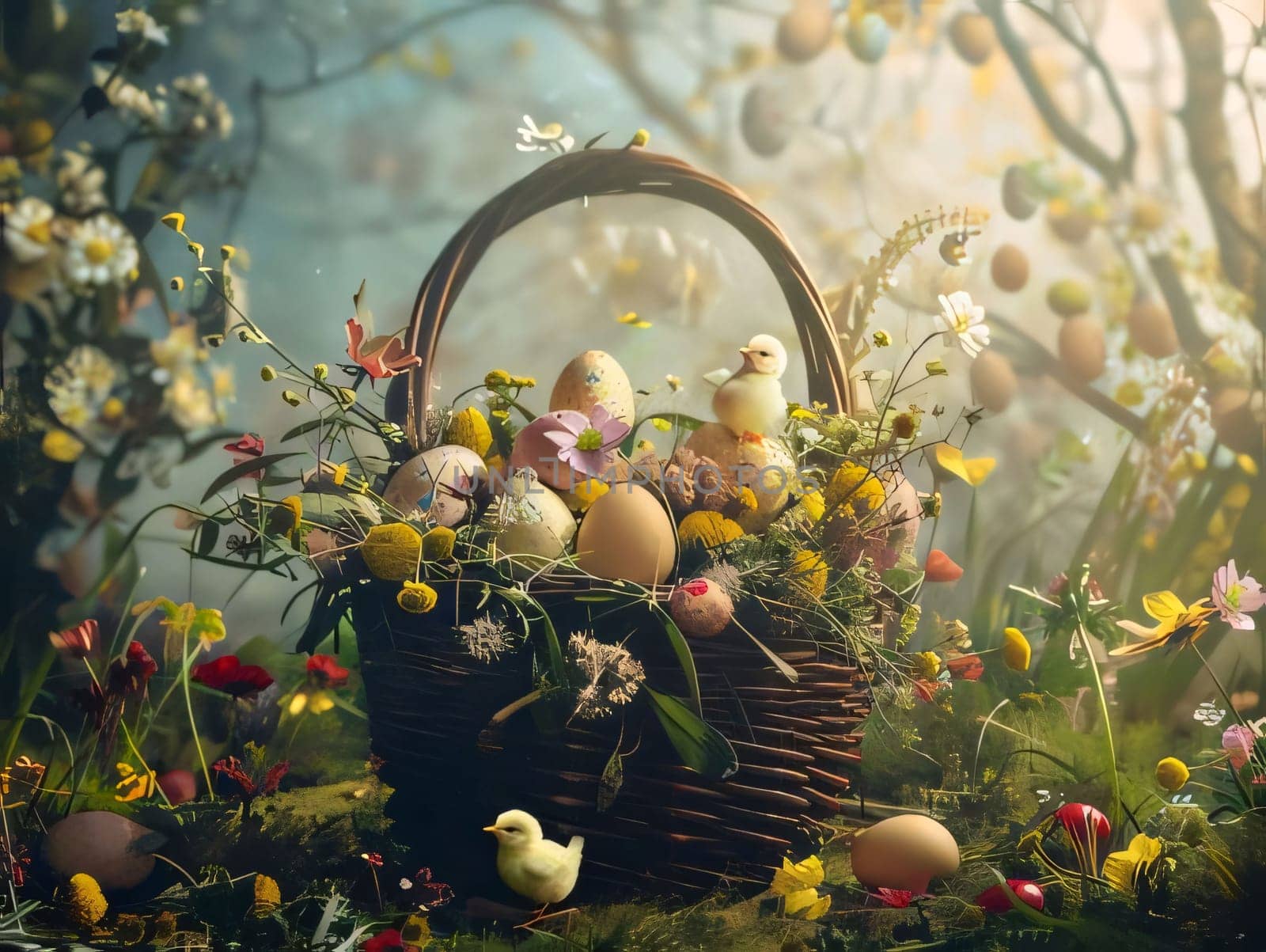 Feasts of the Lord's Resurrection: Easter basket with eggs, flowers and chicken on the meadow