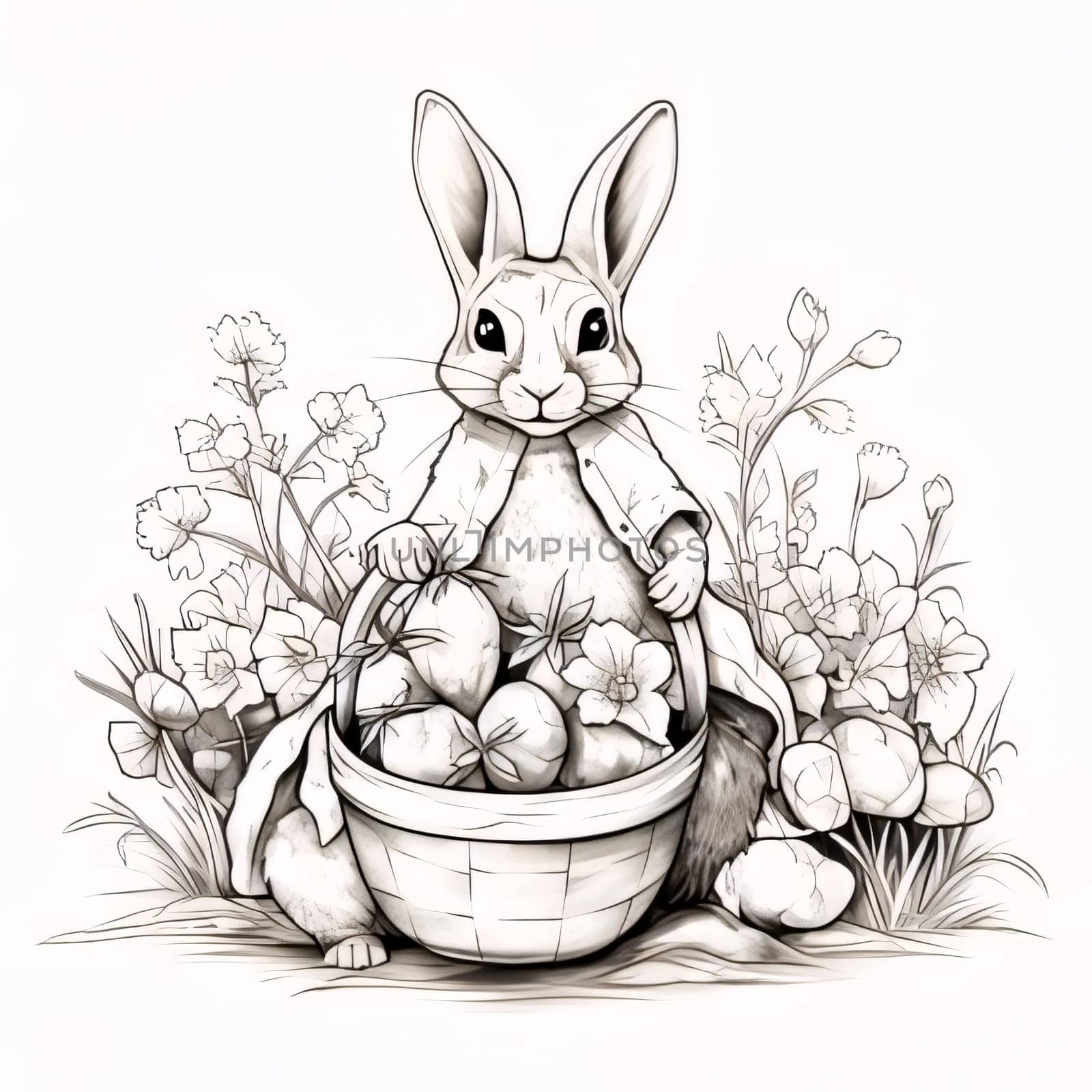 Feasts of the Lord's Resurrection: Easter bunny with basket of eggs on the meadow. Vector illustration.