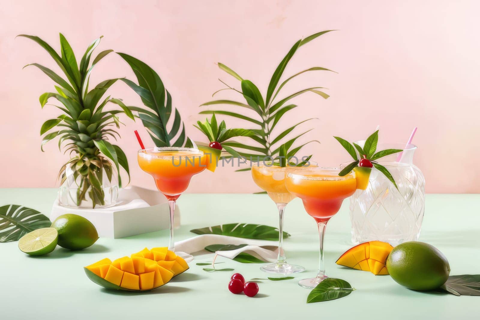 Refreshing mangonada cocktail with fresh mango slices beautifully displayed on a vibrant green backdrop