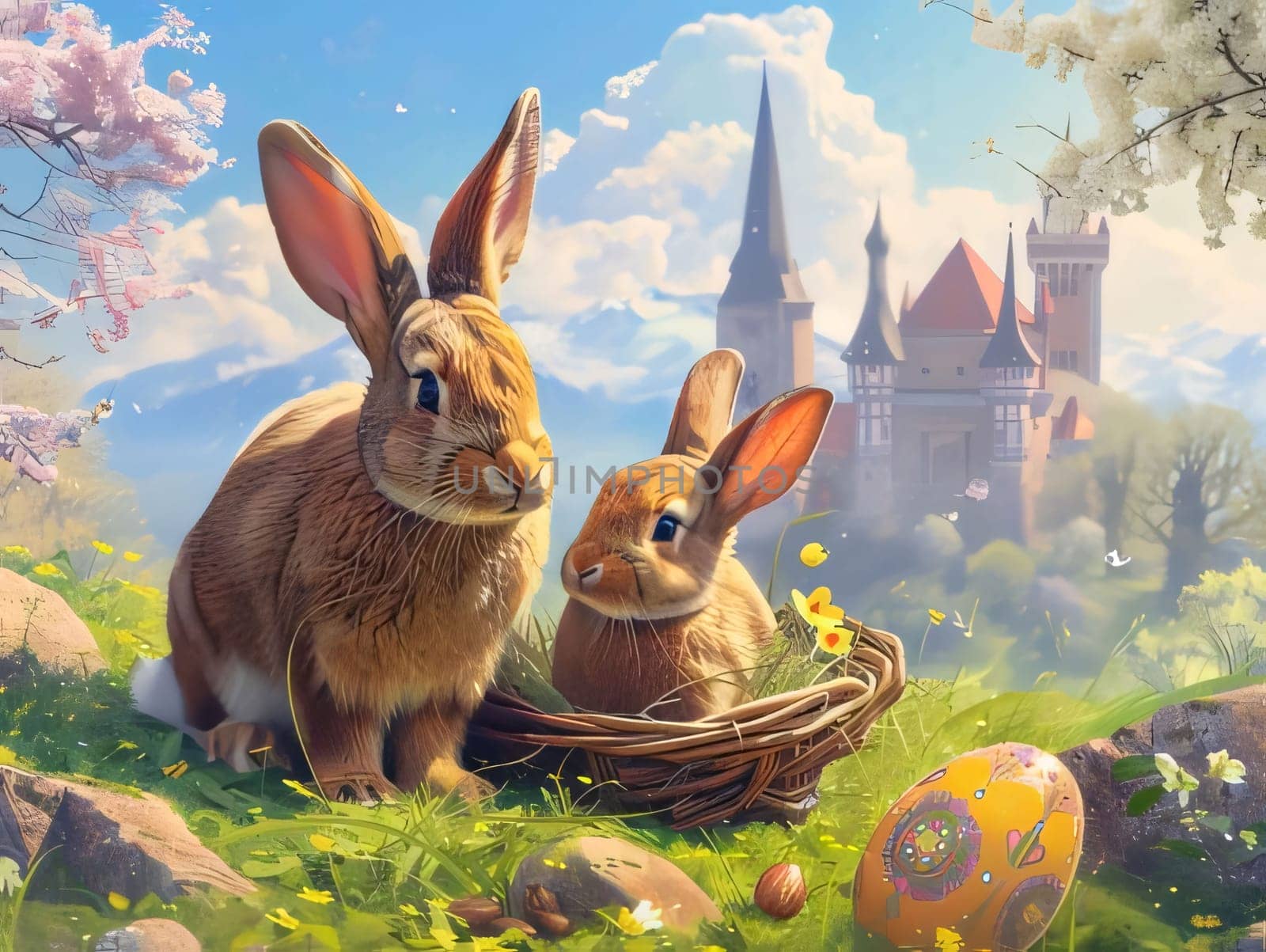 Feasts of the Lord's Resurrection: Easter bunnies with basket of eggs in front of castle
