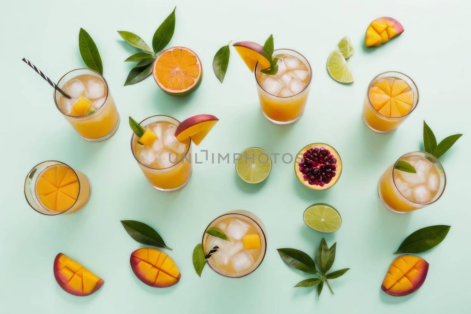 Summery mangonada beverages adorned with luscious mango pieces set against a bright green canvas