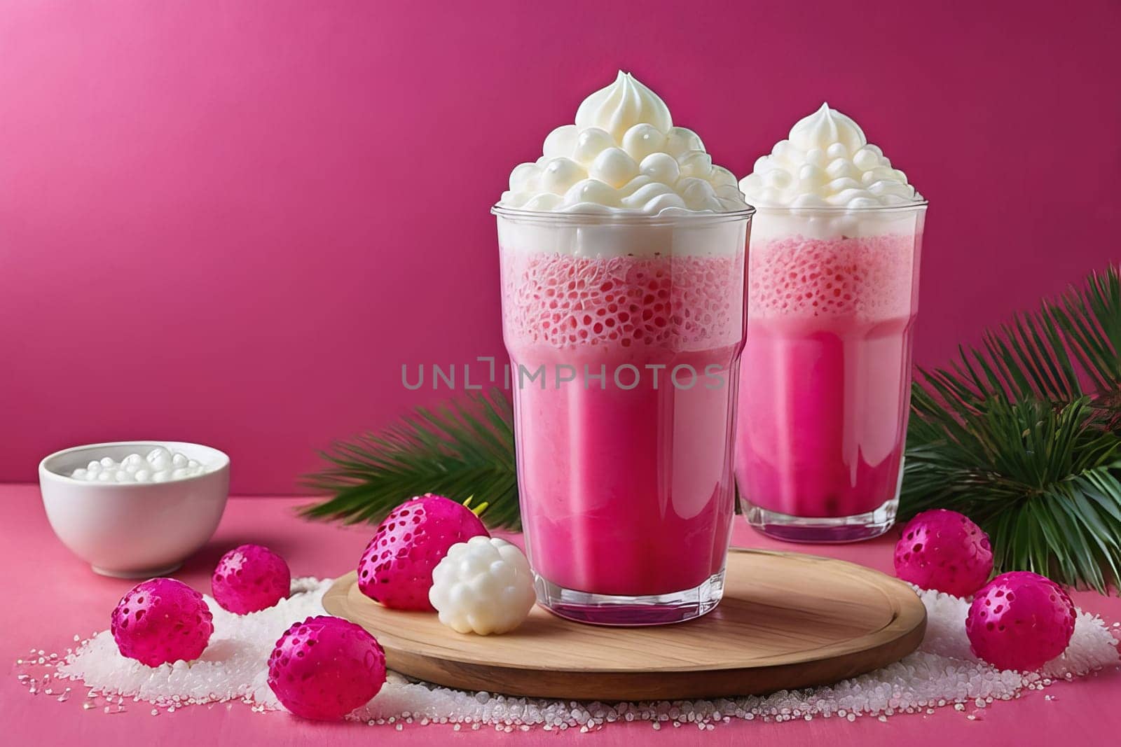 Lush pink bubble tea adorned with fluffy whipped cream and chewy tapioca pearls on a festive backdrop. by Annu1tochka