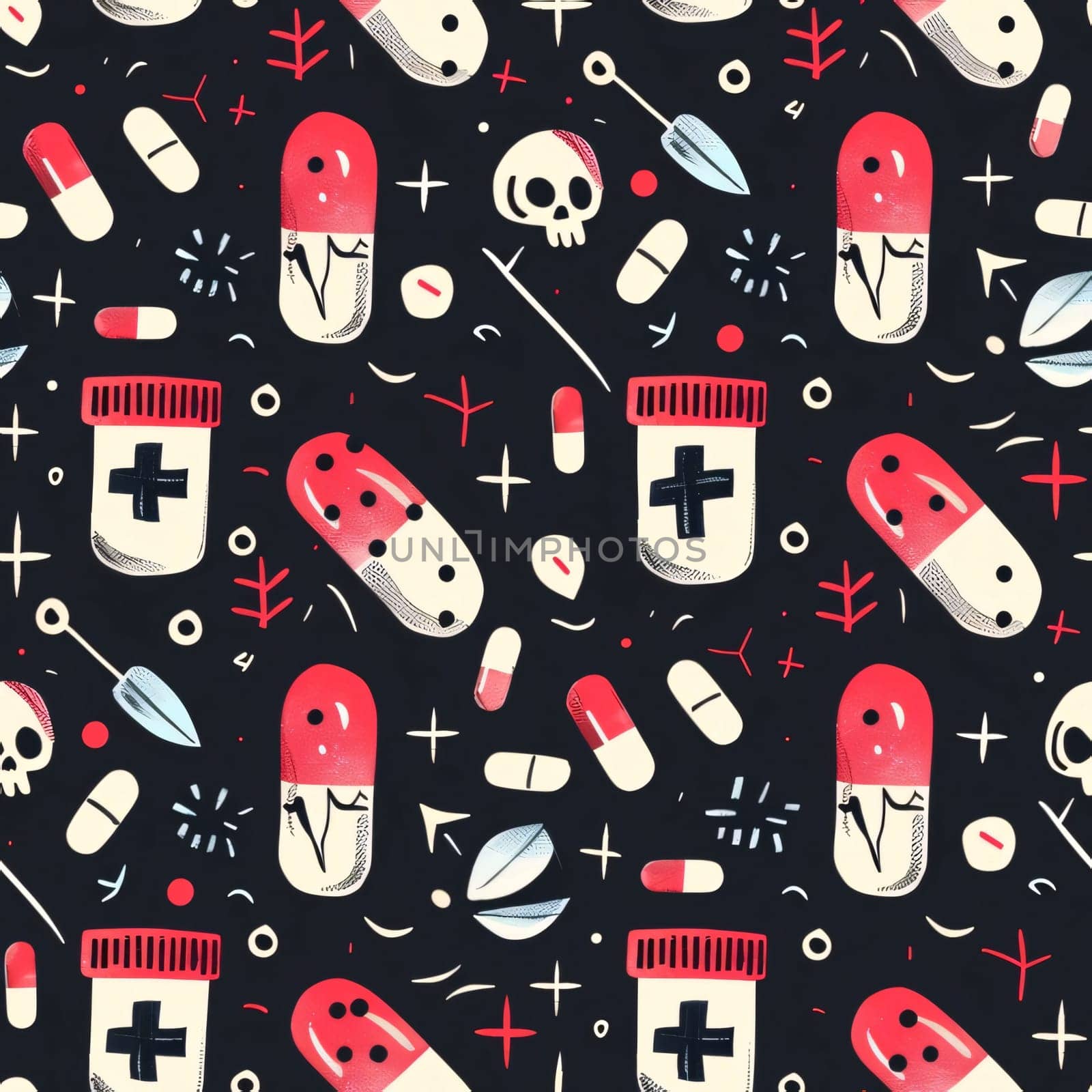 Hospital and doctors help: Seamless pattern with hand drawn pills and drugs. Vector illustration.