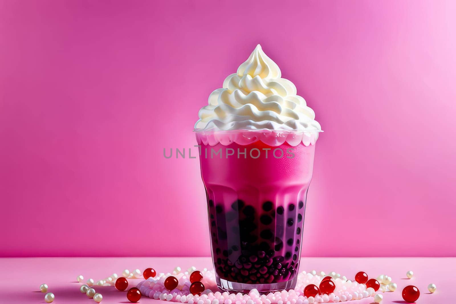 Colorful and joyful scene featuring a sweet pink bubble tea with whipped cream and tapioca pearls