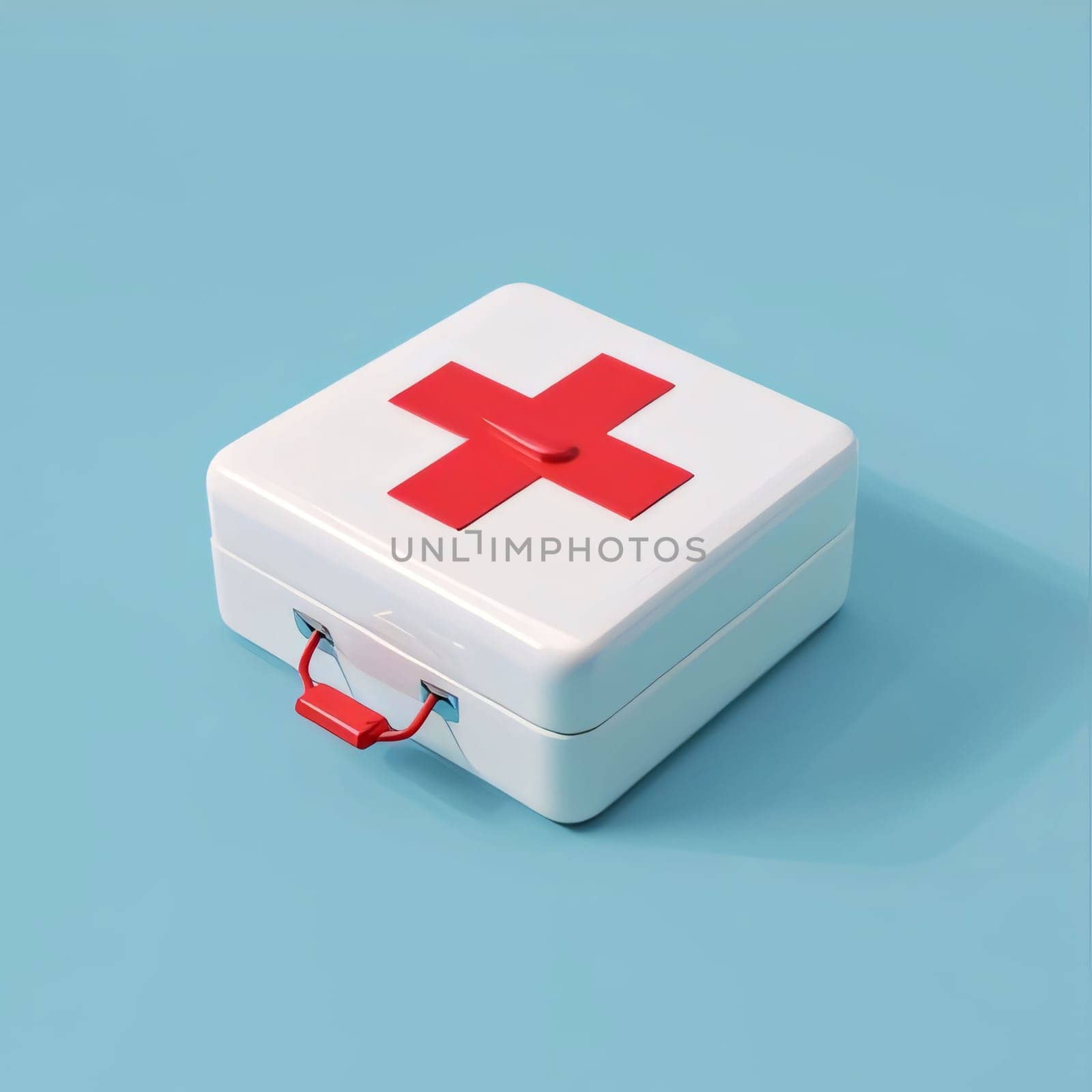 Hospital and doctors help: First aid kit with red cross isolated on blue background. 3d render