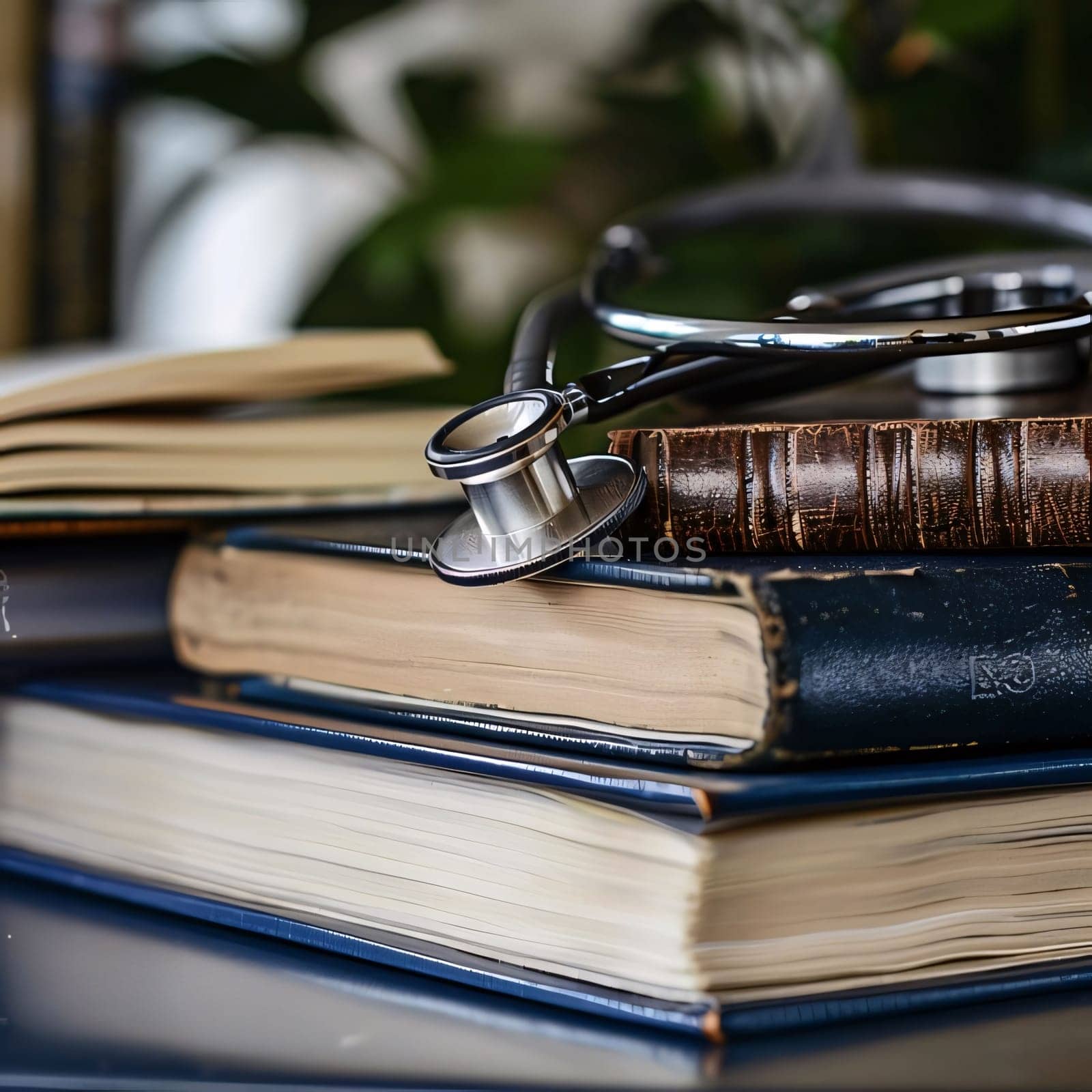 Hospital and doctors help: Stethoscope on a stack of old books. Medical background.