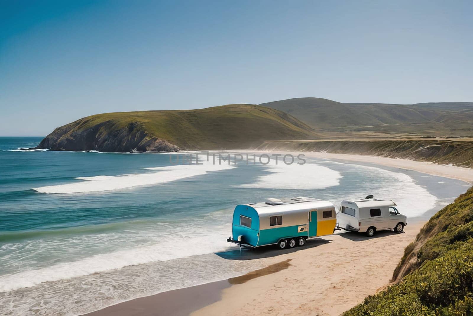 Traveling in a motorhome along the seashore. The concept of traveling by car and tourist routes. by Annu1tochka