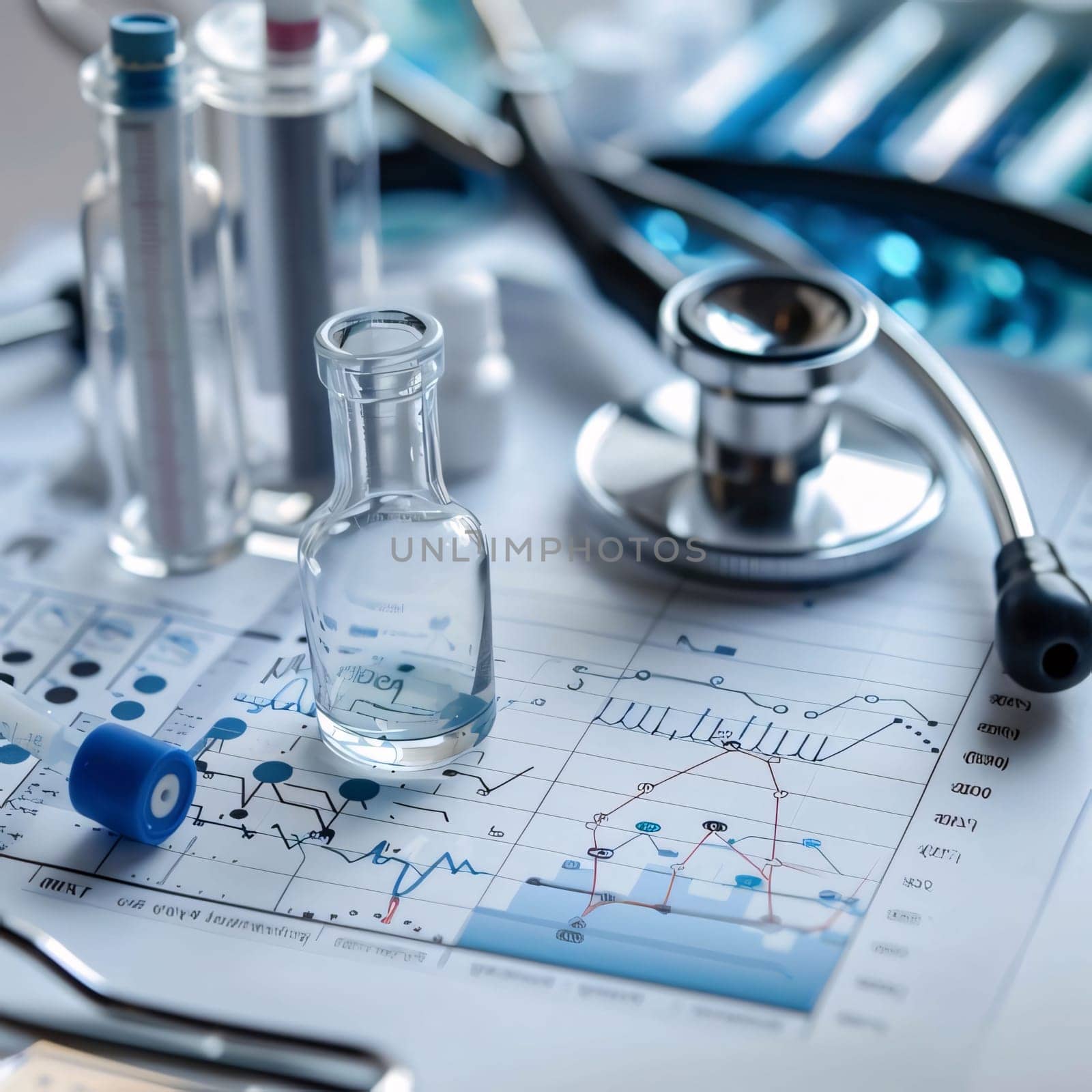 Hospital and doctors help: Stethoscope, test tubes and stethoscope on a medical background