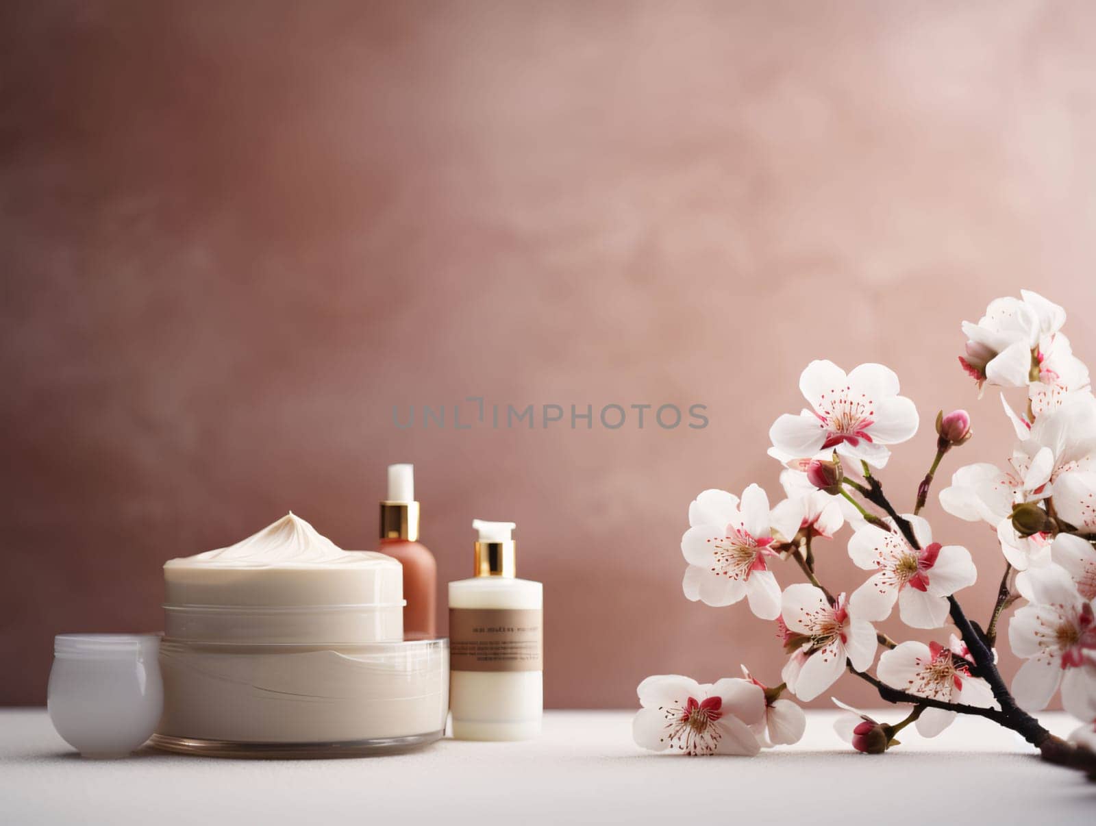 Banner: Cherry blossom cosmetic products on wooden table and brown background.