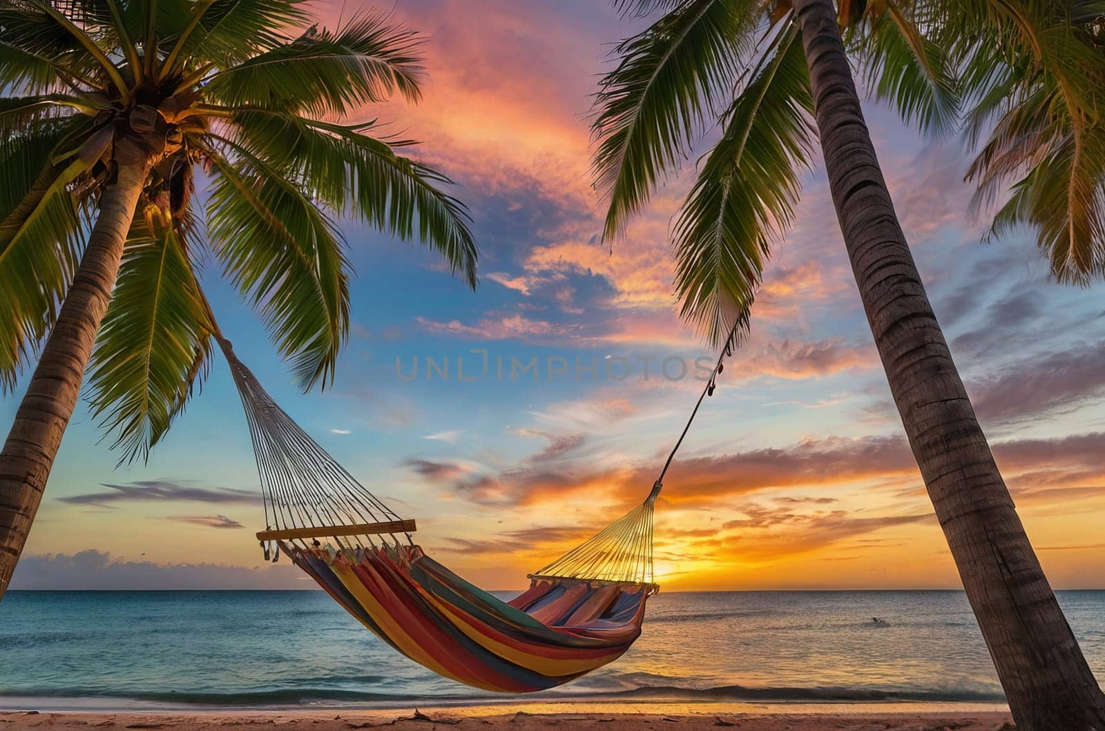 Tranquil Paradise. Hammock Swinging Between Palm Trees on Tropical Beach at Sunset.