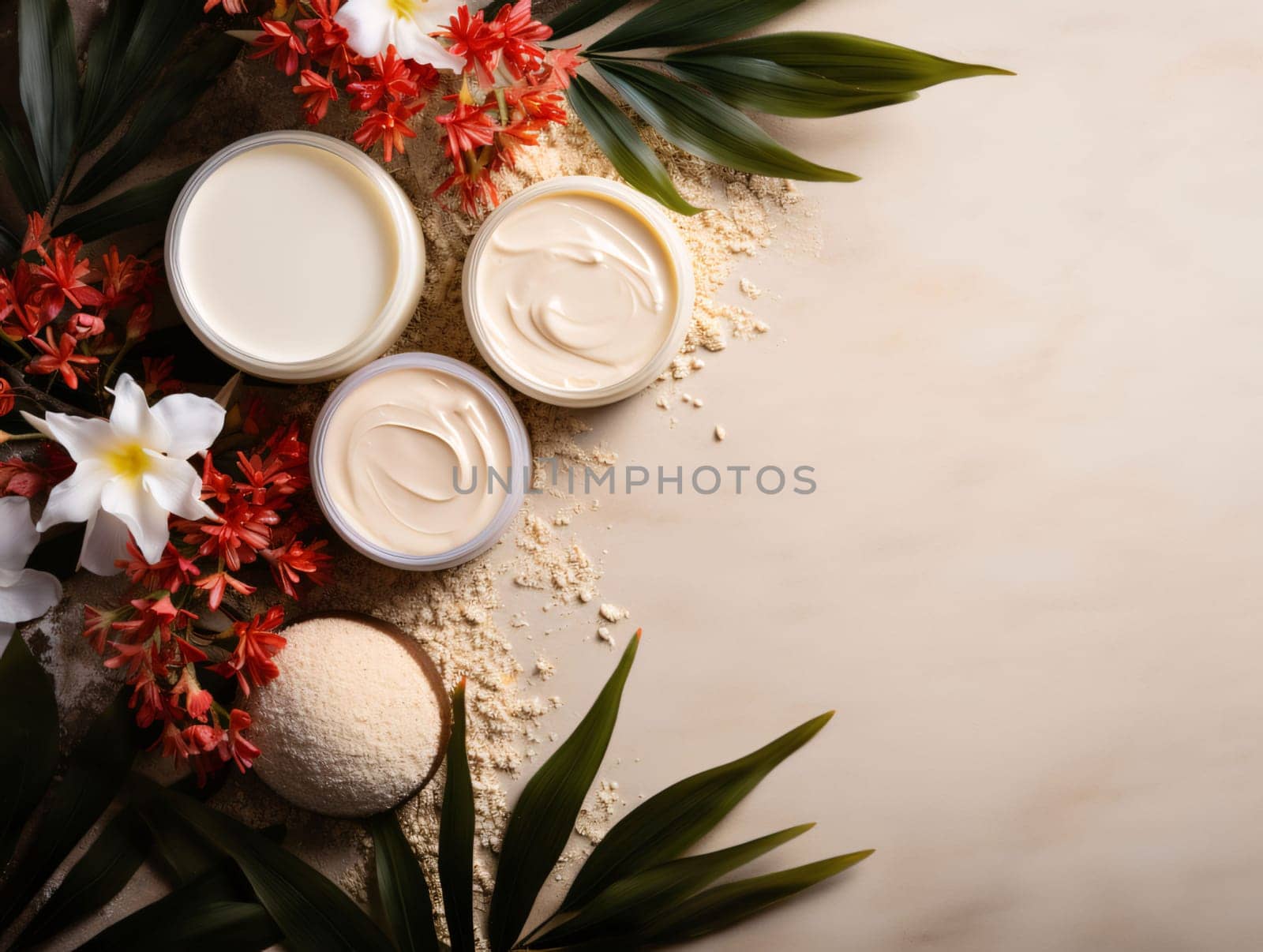 Banner: Spa composition with face cream and flowersle background, top view