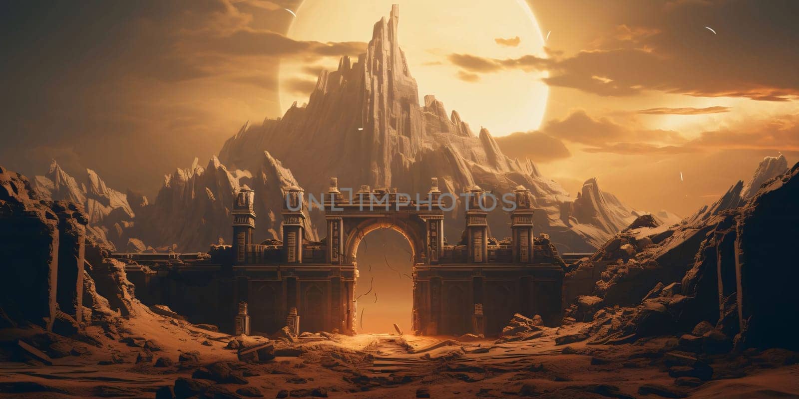 Banner: Fantasy Landscape with a gate in the desert. 3d rendering