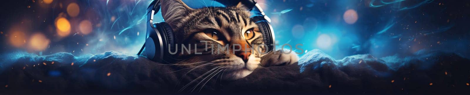 Banner: Portrait of a cat wearing headphones and listening to music. Mixed media