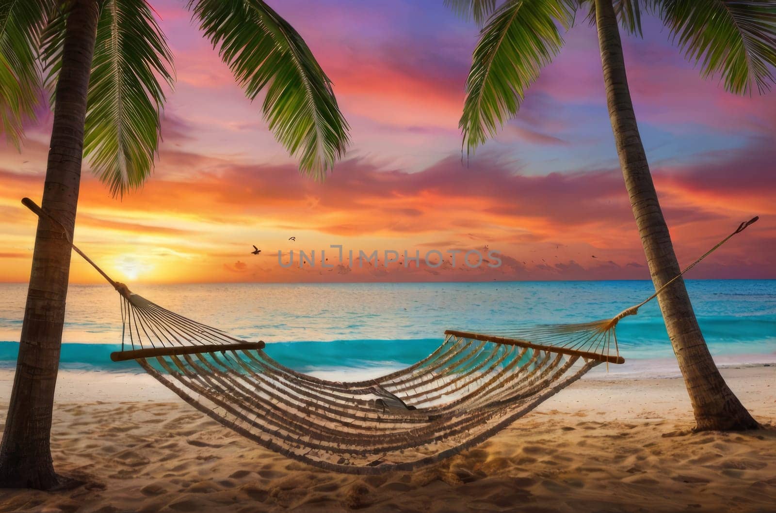 Tropical Getaway. Hammock Hanging Between Palm Trees on Secluded Beach at Sunset by Annu1tochka